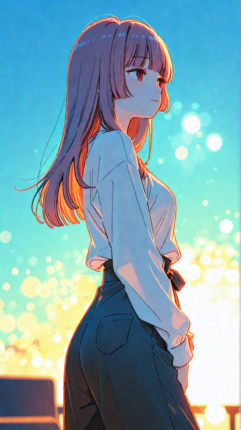 (masutepiece), Anime, (Photo_(Medium):1.0), Antonio J. Manzanedo, Jeremy Lipking, 1girl in, Lightning, In a surreal landscape, Watercolor painting style, brushstrokes, Unbuttoned, Orange Eyes, Ponytail, Pink hair, Cyberpunk, komono