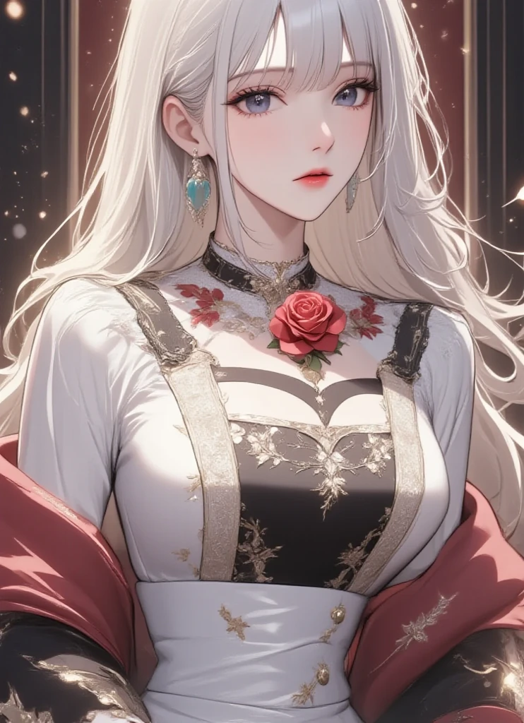Add in roses to her dress, a good back dress design with some golden jewelry, make her dress into a red and white gown with a hat, give her some unique Jewelry, and make her look somewhat of a demonic angel like appearance to her