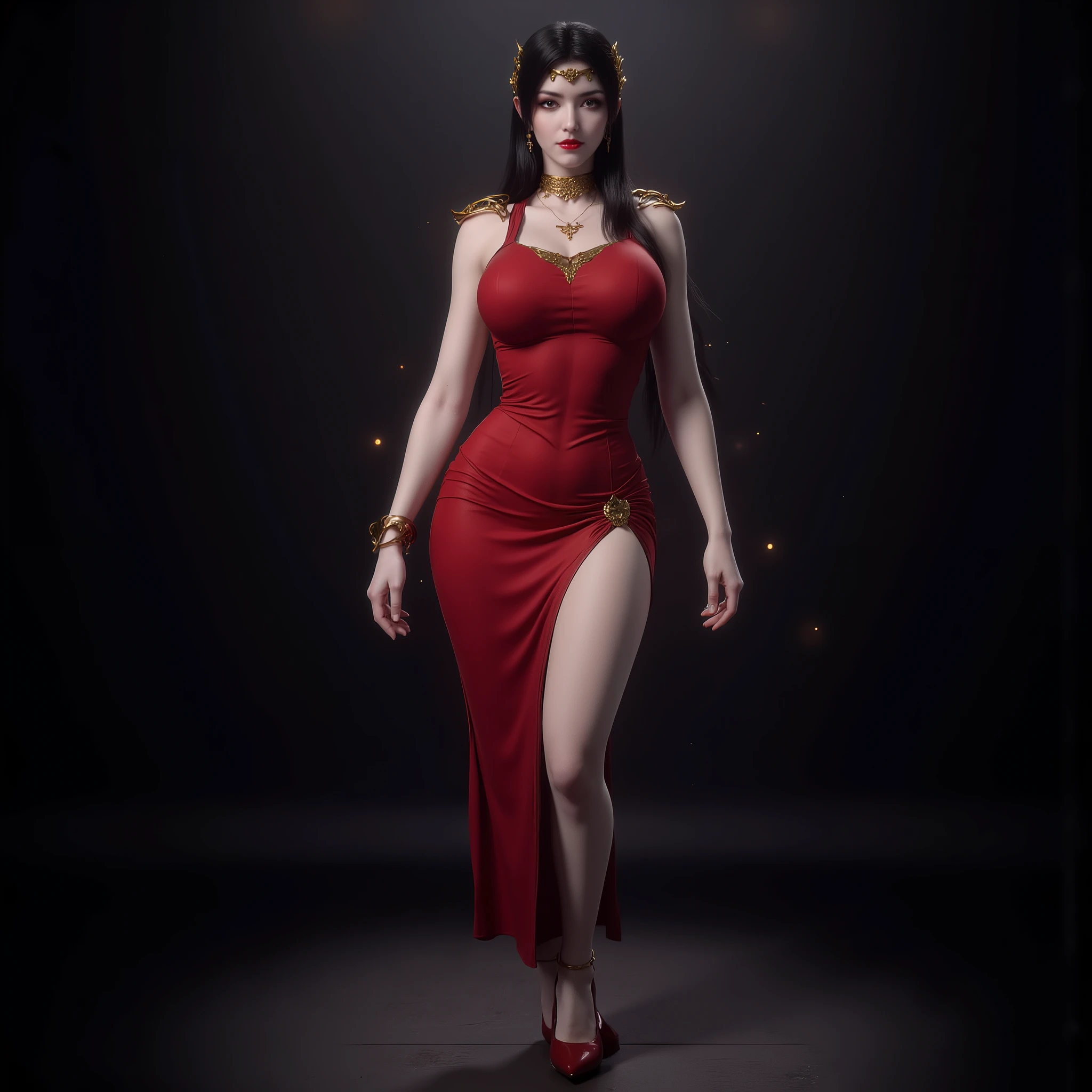 Photorealistic full body image of an athletic mature woman with long black hair and intense grey eyes, wearing a form-fitting red dress that highlights her muscular legs and wide hips, standing elegantly with one leg raised and knee bent, high heels, bare shoulders, dramatic lighting with light particles creating atmosphere, looking directly at viewer