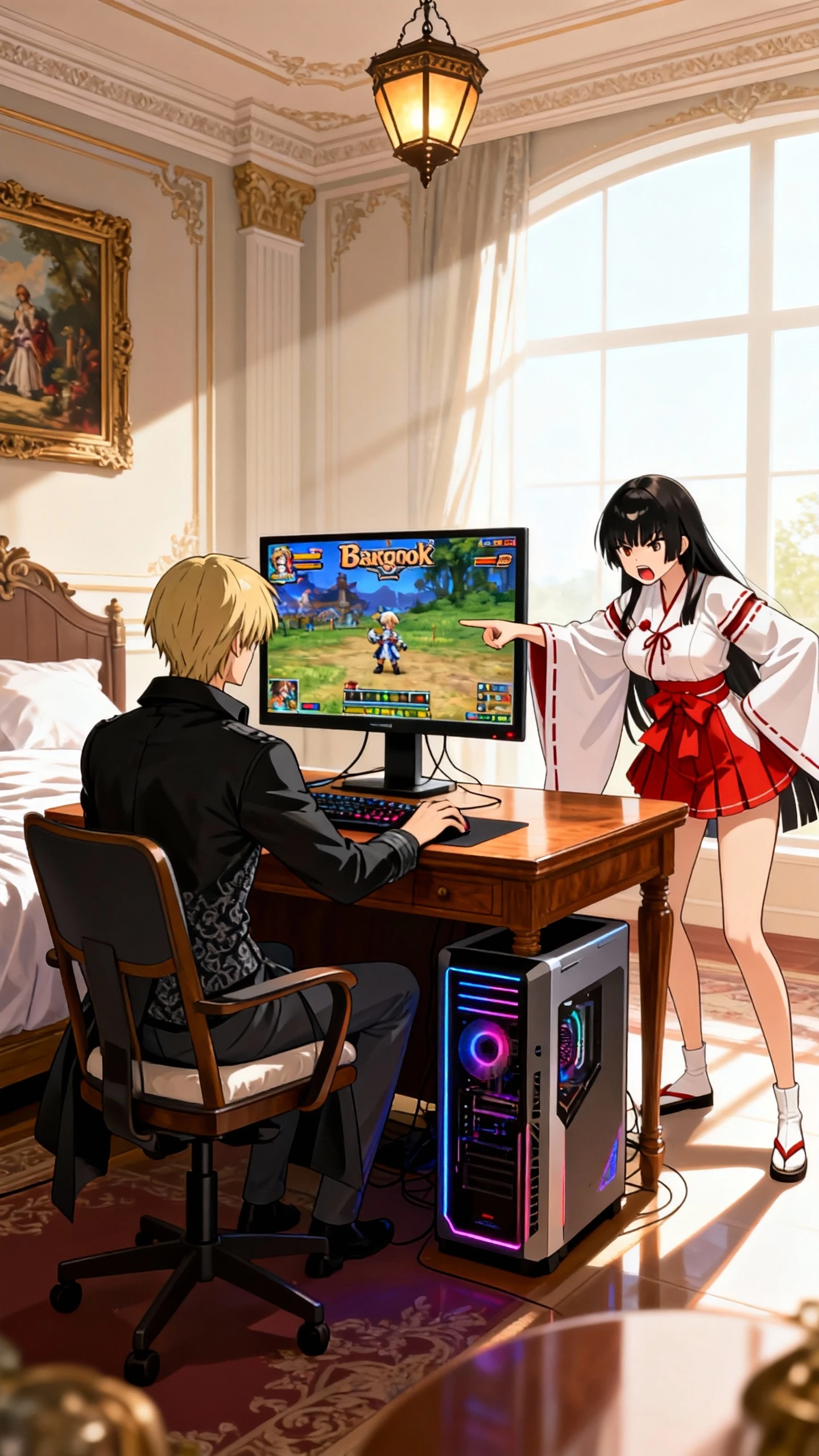 New illustrations faithfully recreating the clothing and appearance of all characters, A man is playing a game on a PC, and a woman is pointing at him with an angry face, noble room, bed, table, chair, Playing online games MMO RPG on a PC, noon, During the day, the room is bright, Gaming Tower PC Case, The display screen is Ragnarok Online