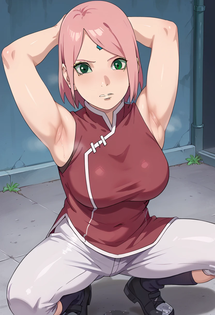 score_9, score_8_above, score_7_above, score_6_above, score_5_above, score_4_above, BREAK, fountain_cheered up,
1 girl, Sakura Haruno, pink hair, short hair, green eyes, sleeveless, Red shirt, forehead protector, nice legs, black gloves,
, , whole body, looking at the viewer, Alone,  Konohagakure fonds, trespass, shy face, looking away,  hot