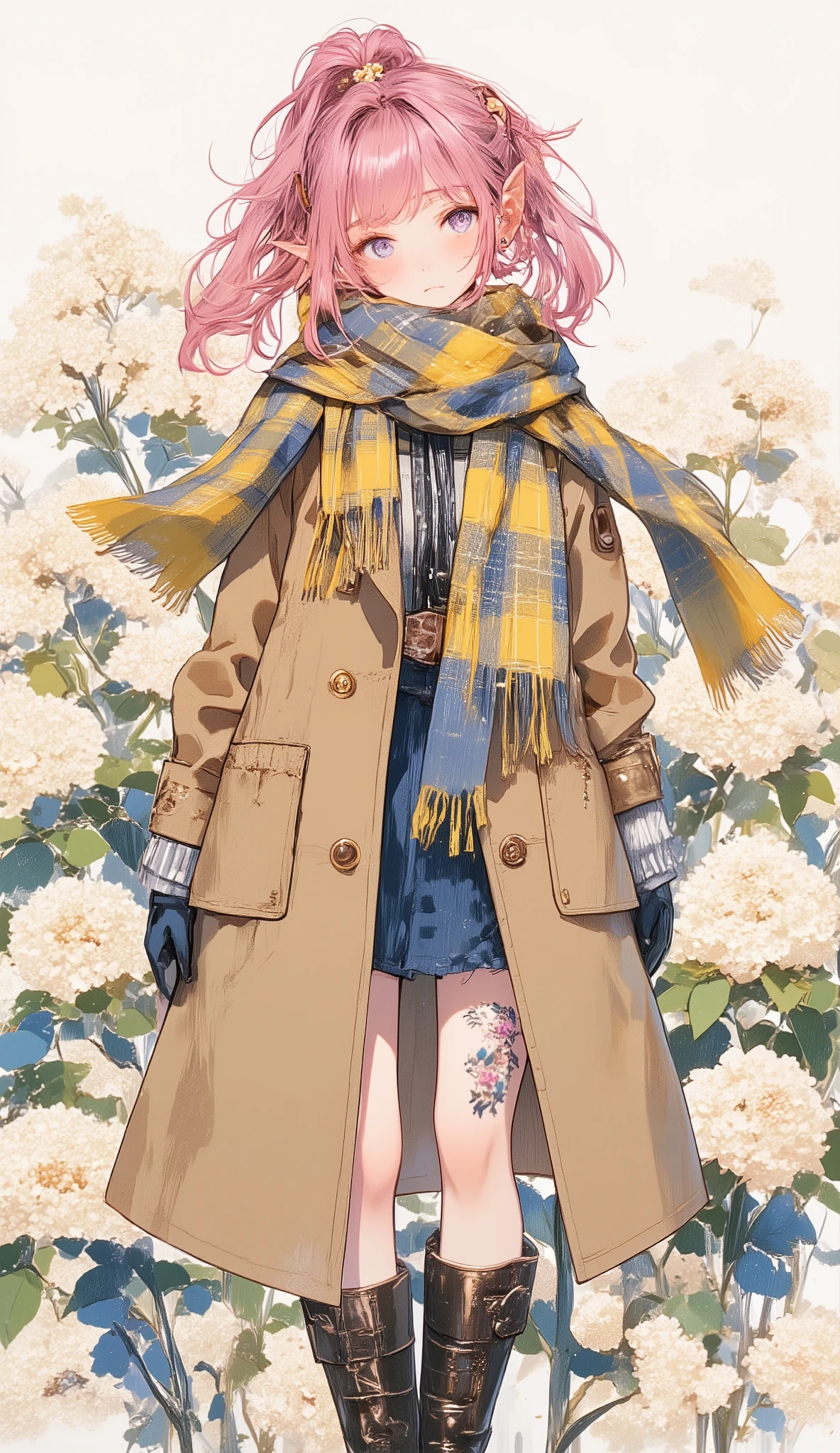 ((best image quality、Japanese Illustration Style))、Artistically drawn、A stunning portrait of a beautiful woman carefully drawn down to the smallest detail。20 years old、winter trend((Voluminous yellow and blue plaid scarf))ｘlong boots x((beige long coat))、cute mitten gloves、上品なpink hairの少女。(petite girl、pink hair、long hair、One ponytail、hair between eyebrows、Elf Ears、purple eyes、pink lips、(small flower tattoo on neck)、spot color、Graceful Posture、)（（（facial expressions and gestures「Pure」「Close judgment」「Compassion」to visually express)))
（Background: ( art deco 、flower art、Botanical Painting)、(white cyclamen)、Depth、Flat Shading、Multicolor、vivid colors、colorful)、
masterpiece、(top quality)、(Ultra High Definition)、
depth of field：1.4、exquisite details