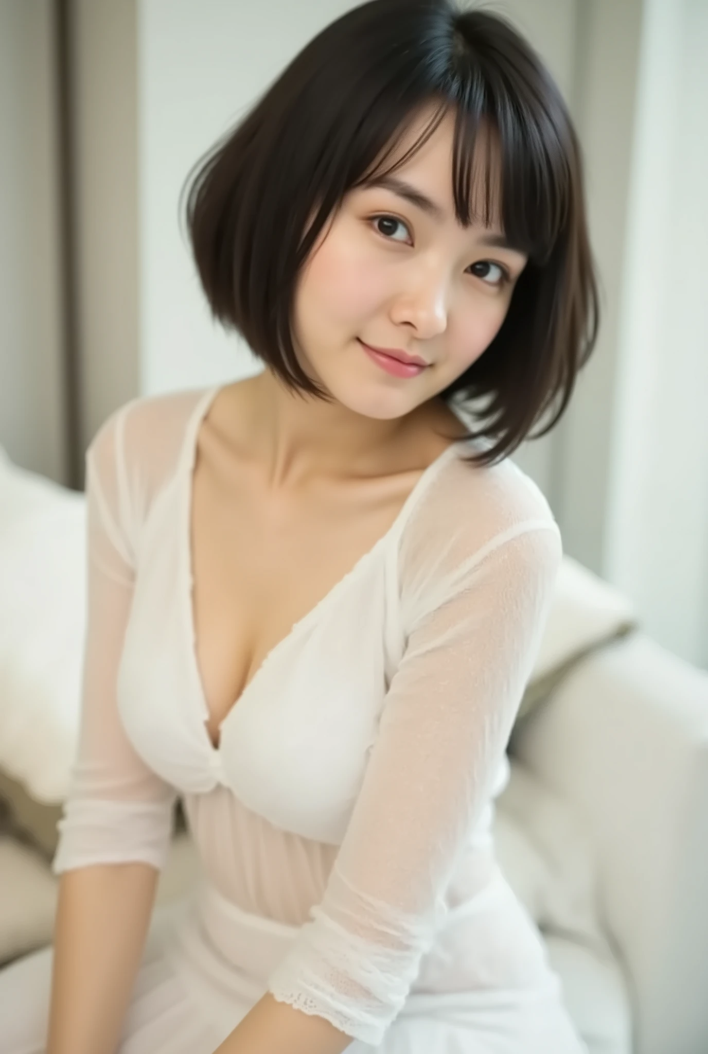 (( premium quality,  8k )), ((masterpiece)), ( details),    、dark hair,  Japanese girls,   first-person view   ,One Woman, a plump woman, petite woman ,   sexy,(  full nude, in the bedroom),(((    Super Giant Bust ,    full nude,  beautiful breasts,  short bob hair , dark hair))),  ((dark hair, full nude)) , (( No decoration,  no accessories,       without makeup  ))