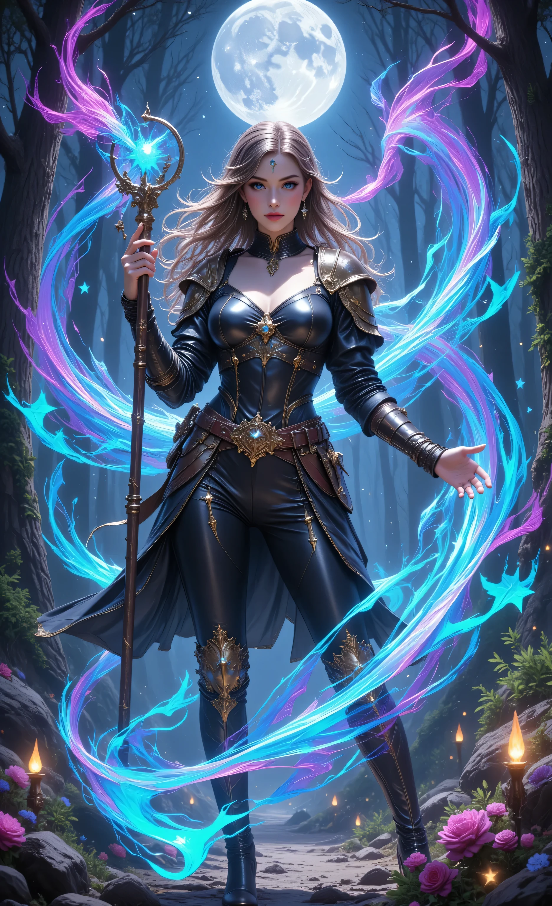Colorful,realistic cartoon,midjourney , female human druid of the stars, guardian of nature, controlling magical energy made of stars, swirling blue stary magical light, divine symbols high details, dynamic angle, human female, extremally beautiful, ultra feminine, dynamic hair, dynamic hair color, wearing leather armor , holding a staff, moon light, stars, dynamic natural background, RPG art, magical atmosphere magic-fantasy-forest, dnd art, rpg art ultra best realistic, best details, best quality, 16k, masterpiece, best quality, (extremely detailed), photorealism, depth of field, hyper realistic painting, ultra wide shot, , realistic art