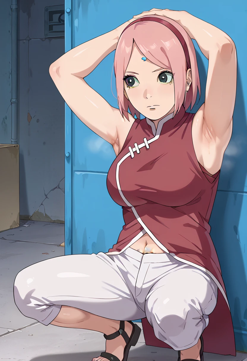 Sakura haruno, standing,hot body,sexy pose,ultra hd,8k image, detailed skin,long belly,(()), arm's above showing armpits,bedroom