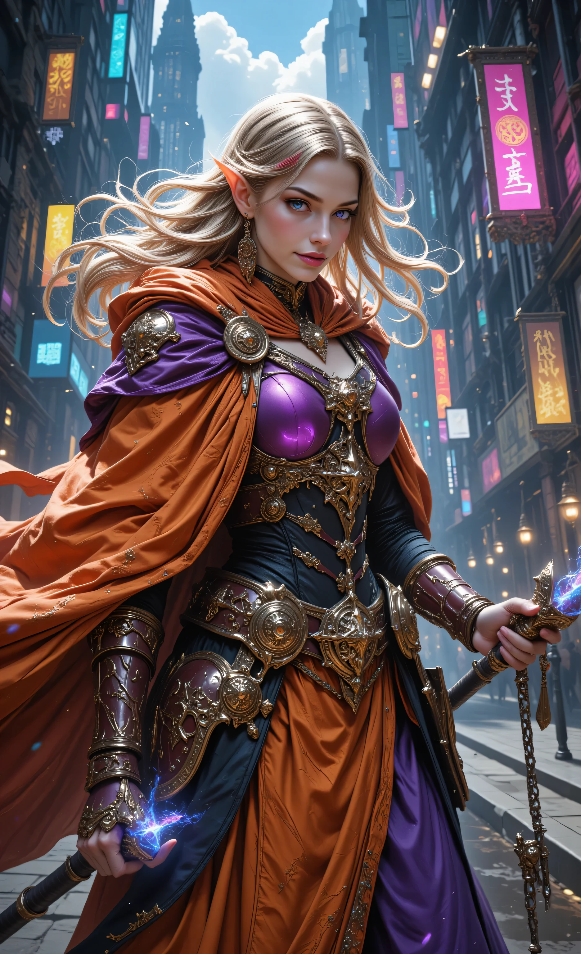 ,realistic cartoon,midjourney , a portrait of a female elf (intense details, Masterpiece, best quality) fantasy cleric, fantasy celestial guardian, armed with a holy symbol, shinning holy symbol, metallic shine, epic beautiful female elf, blond hair with red highlights , rich hair, purple glowing eyes, action shot, colorful magical sigils in the air, colorful divine markings floating, holding a holy symbol , fantasy magical urban street, an elven city, multi colored cloak , long cloak, orange armor, sense of daring, sense of adventure, high details, best quality, 16k, [ultra detailed], masterpiece, best quality, (extremely detailed), dynamic angle, ultra wide shot, photorealistic, RAW, fantasy art, dnd art,fantasy art, realistic art