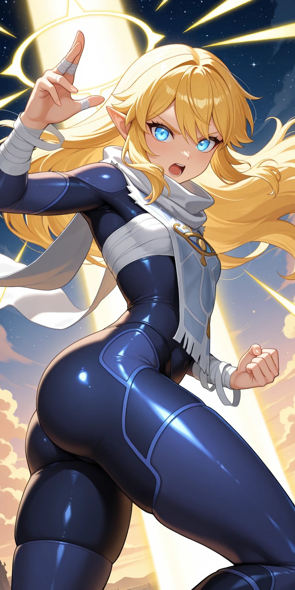 score_9, score_8_up, score_7_up, source_anime, prefect lighting, very aesthetic, intricate details, highly detailed background, masterpiece, high quality, perfect hands, best quality, high res, 4k, 1girl, solo, ootshk, blonde hair, long hair, sidelocks, blue eyes, pointy ears, medium breasts, chest sarashi, sarashi under tabard, sarashi over bodysuit, slender female, curvy body, impressive physique, bandages, bandaged arms, dark blue undershirt, dark blue bodysuit, short white scarf, white tabard, glossy bodysuit, skin tight, nsfw, sexy, absolutely eye-catching, beautiful body, beautiful legs, shiny thighs, extremely detailed face, perfect lighting, extremely detailed CG, amazing quality, very aesthetic, absurdres, newest, highres, detailed eyes, hd eyes, perfect eyes, detailed face, beautiful face, detailed eyes, beautiful eyes, scenery, beautiful starry sky, clouds, midnight, hyrule castle town, shiny hair, beautiful reflective eyes, longing gaze, action pose, dynamic angle, upper body shot, perfect ass, flat chest, shiny bodysuit, foreshadowing, skindentation, close up of ass, ass in front of viewer, midair, action pose, ready to fight, serious, intense expression, open mouth, casting light magic, yellow swirling aura, glowing eyes, bright yellow aura around body, bright magic burst, attacking viewer, beam of light, action pose, dynamic pose