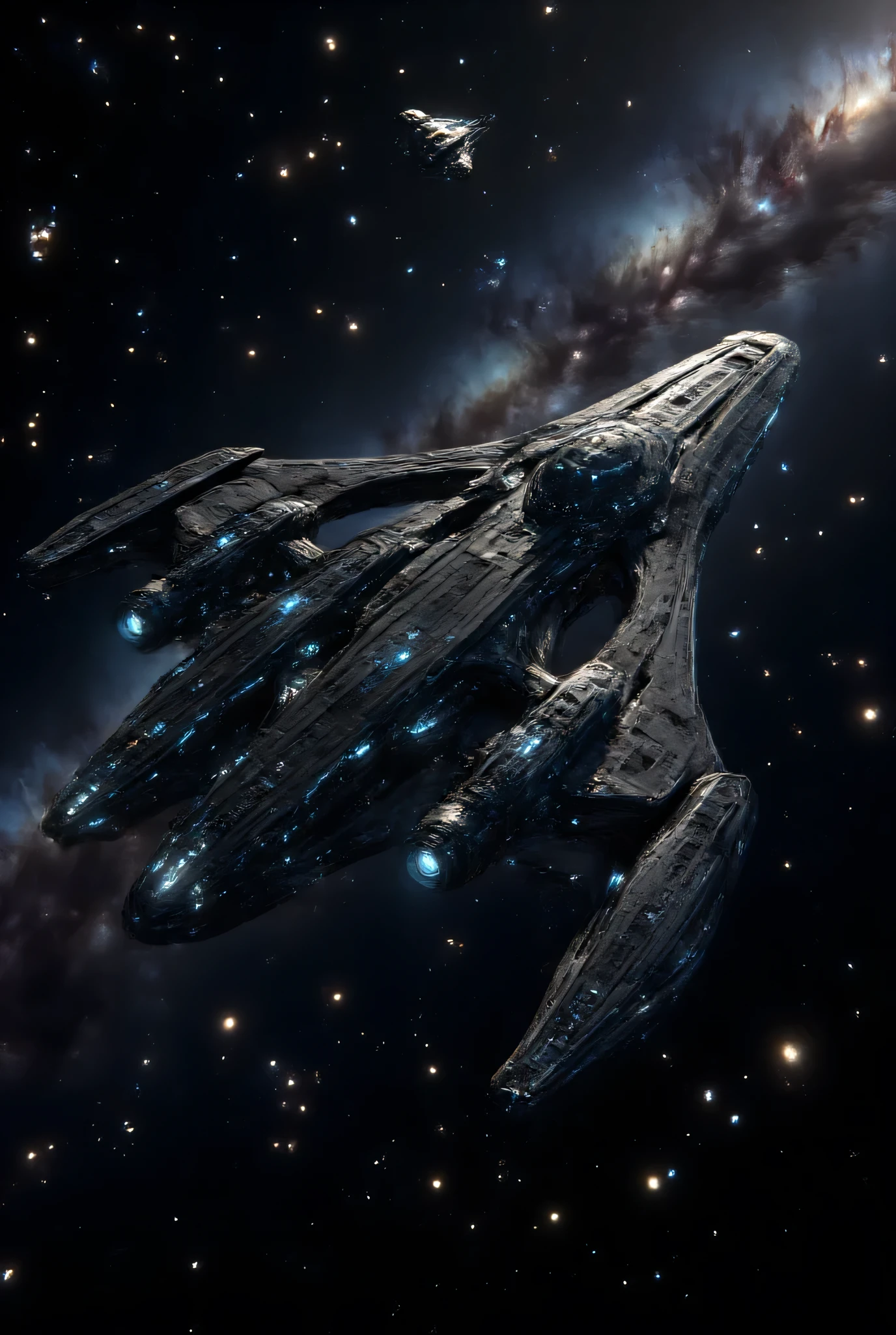 a sci fi spaceship background with The starship Reprisal is a giant arrowhead-shaped spaceship with six large engines at the back.