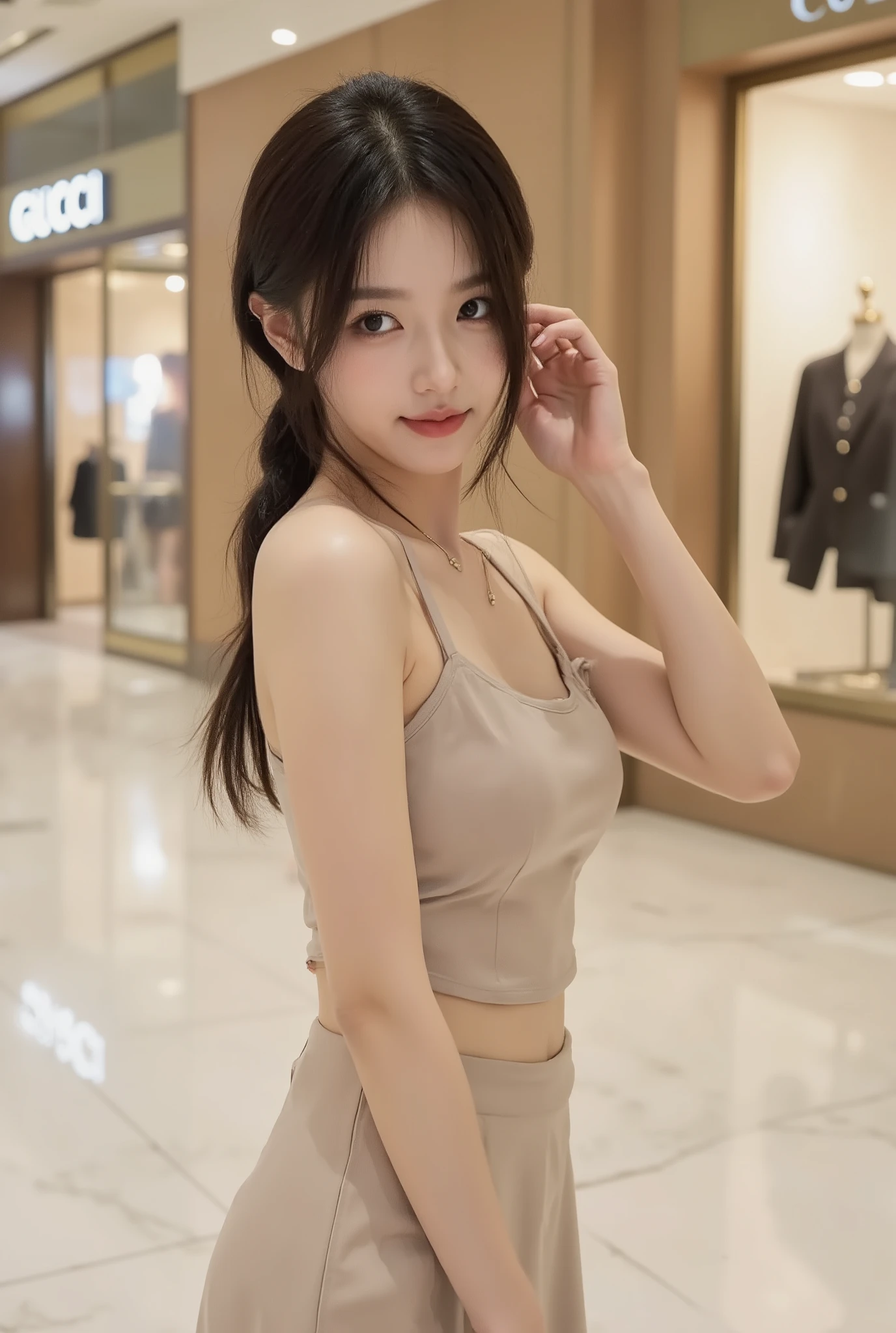 Ultra realistic 8K portrait of a beautiful young Korean Chinese woman in her 20s with (large natural breasts:1.5). She wears a fitted beige two-piece set, featuring an off-the-shoulder crop top modified with short sleeves and a matching, figure-hugging long skirt.
She poses in a flirty manner, POV shot, looking down at camera, adjusting the strap of her top, fixing hair behind ear, shy smile, blushing, slight tilt of head, direct eye contact, intimate expression, vulnerability. Her hair is styled in a messy side braid with loose strands framing her face with a subtle wave.
Inside brightly lit luxury shopping mall, polished marble floors, high-end designer store facades (Louis Vuitton, Gucci) blurred in background. Cinematic lighting, strong depth of field, masterpiece quality, half body shot.