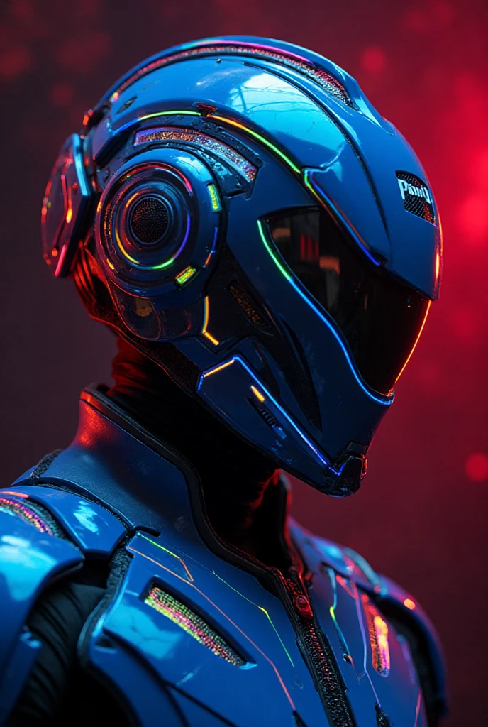obra maestra, mejor calidad, a closeup of a futuristic looking cyborg girl with a fantastic cyber helmet head with red triangular LED lights and a halo, vestido con una chaqueta Techwear negra, cuerpo entero fondo blanco