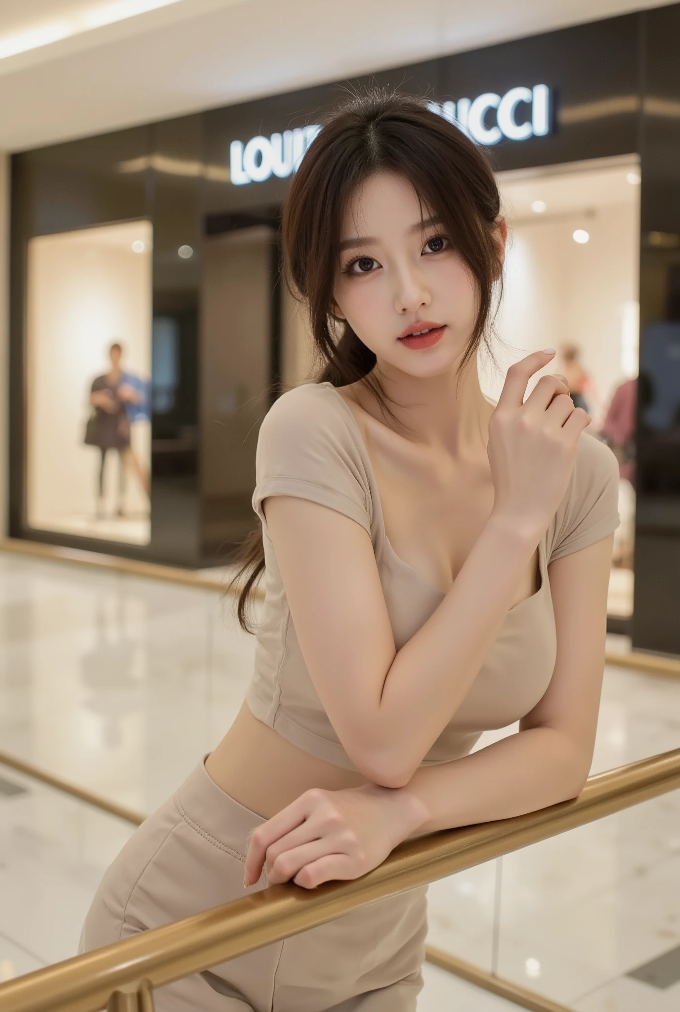 Ultra realistic 8K portrait of a beautiful young Korean Chinese woman in her 20s with (large natural breasts:1.5). She wears a fitted beige two-piece set, featuring an off-the-shoulder crop top modified with short sleeves and a matching, figure-hugging long skirt.
She poses in a flirty manner, Leaning forward over a glass railing, elbows on railing, cleavage distinct, beckoning finger gesture, biting lower lip, mischievous eyes, waist up shot, teasing expression. Her hair is styled in a messy side braid with loose strands framing her face with a subtle wave.
Inside brightly lit luxury shopping mall, polished marble floors, high-end designer store facades (Louis Vuitton, Gucci) blurred in background. Cinematic lighting, strong depth of field, masterpiece quality, half body shot.