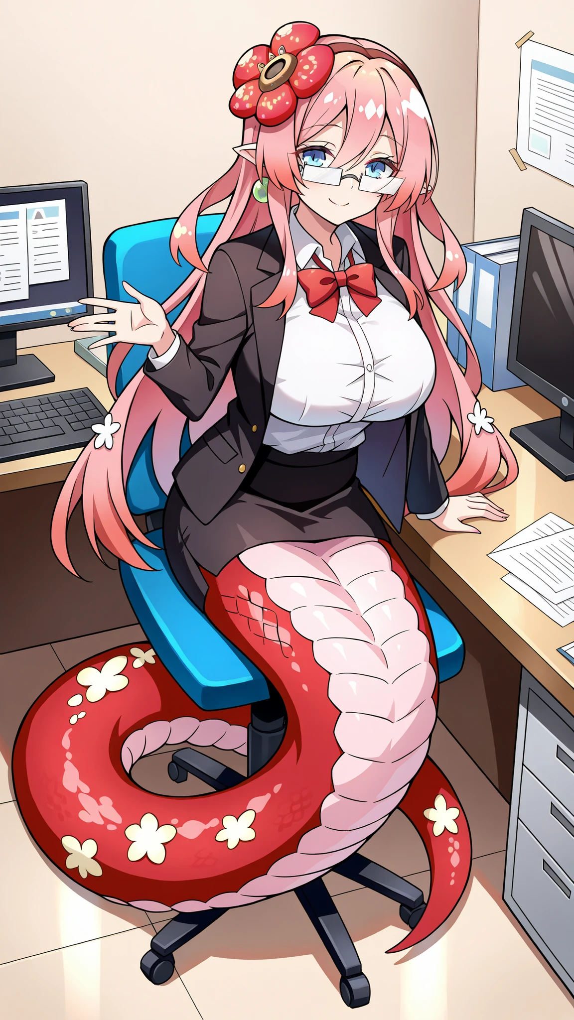 (Fraction_9:0.9),Fraction_8_Up,Fraction_7_Up,grade,(zPDXL3),( masterpiece), (best quality ),(All five fingers ),A Girl,alone,Traptrix Rafflesia,PINK HAIR,Liu Hai on the left,long hair,blue eyes, White shirt ,collared shirt, red bow tie,black jacket,Open Jacket,Black Skirt,white frame glasses,huge boobs,lamia,The lower half of the body is a pink snake tail,Snake Woman,Very beautiful,Smile,Indoor, office,Computer desk ,sitting on a chair,full body photo, No Legs