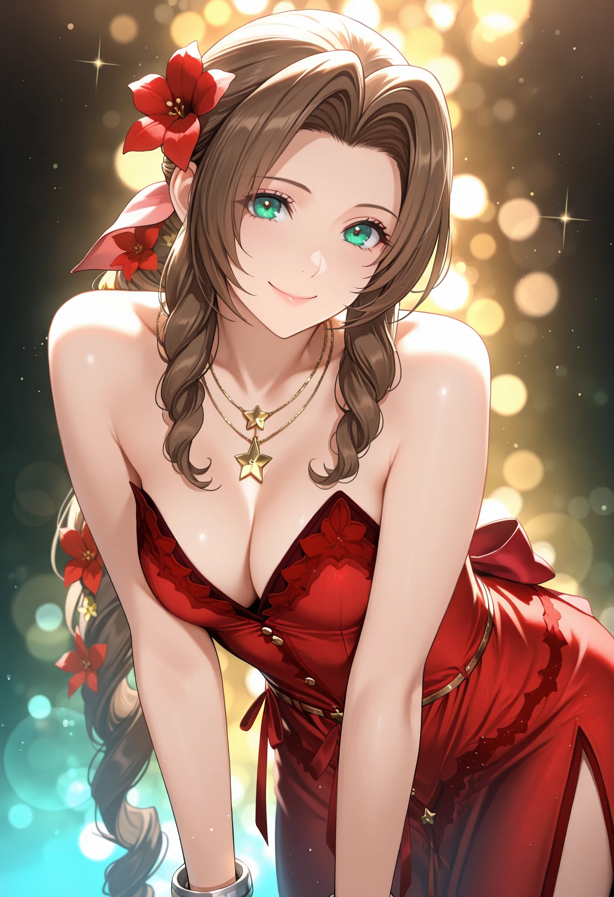 Bella hadid cosplaying as aerith wearing red sleeveless mini dress, 4k kodak, bloom, sunrays, hard light, wet skin, shiny skin, milky skin, Upper body shot <lora:Aerith-TestVersion:1>