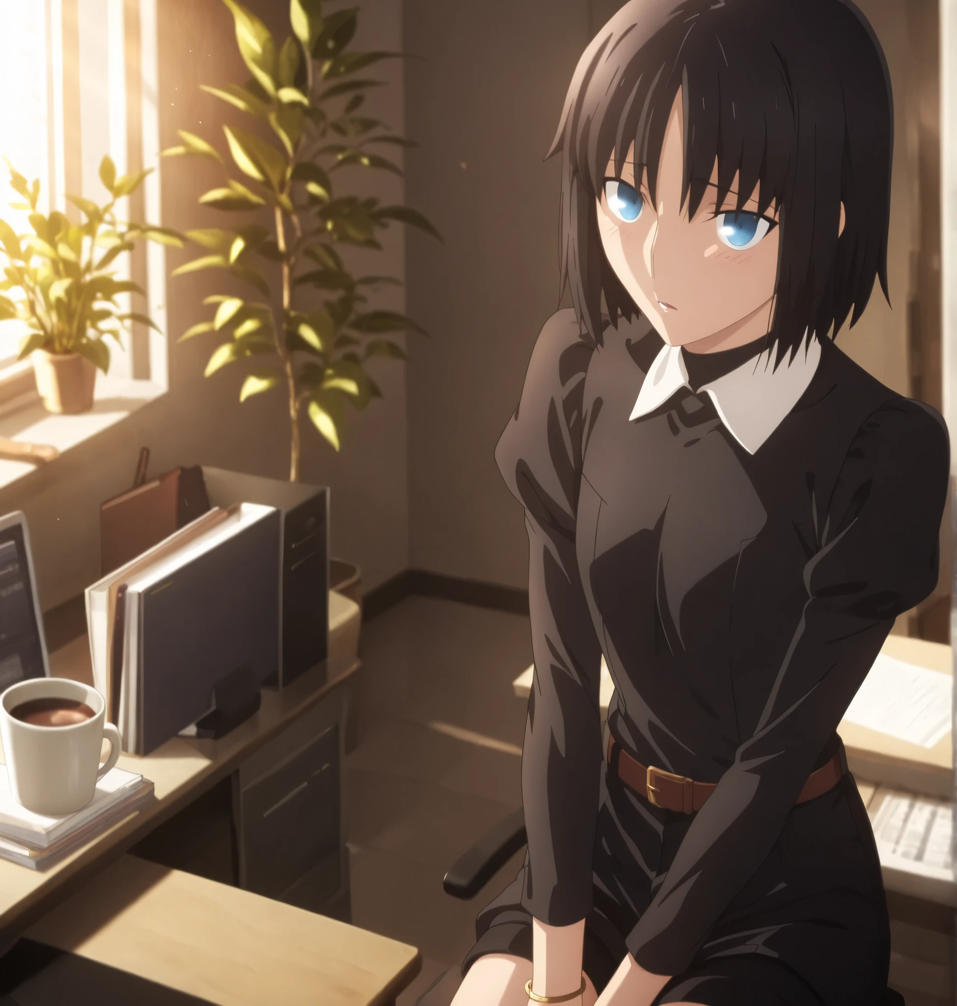 ufotable style ,masterpiece,best quality,good quality,newest, 8k, , from above,
indoors ,((cinematic light, sunlight, backlight)), (sitting ), (plant ,detailed background, office),parted lips, , 
light embarrassed,
looking at viewer, (upturned eyes), arms between thighs, , bracelet, pc ,hot coffee on desk ,(hair over eyes:0.7),wispy bangs,
solo,
(anime coloring, anime screencap), 
fate heaven`s feel official style, 1 mature girl, (black hair),(short hair), (blue eyes),slim arms,(flat chest),(tall girl, aged up, :1.31),
cowboy shot, , ,
(black high neck, black one-piece shirt, long-sleeve, white collared shirt, , brown belt, black shorts,), 