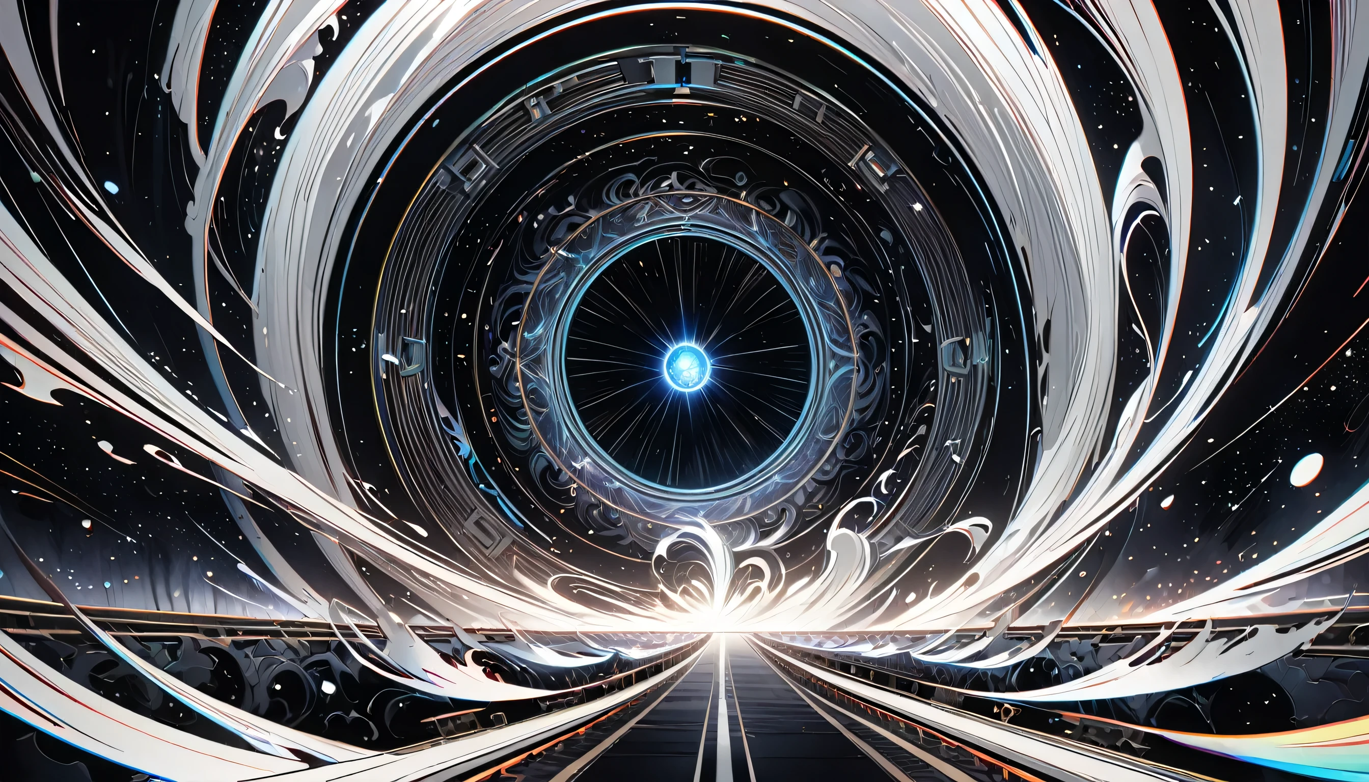 The ethereal train, decorated with heavenly patterns and divine Hindu symbols of the gods, breaks through a colossal decorated gate with swirling mystical energy, train, depicted in monochrome tones with hints of ethereal light, Seems, , cuts through the very fabric of space-time , The scene, stylized as traditional sumi-e ( watercolor style) , the picture conveys the dynamic movement and grandeur of this cosmic journey, unfolding on a void-like background, to emphasize the otherworldly atmosphere, abuse of chromatic aberrations, contract , retina , masterpiece , accurate , super detail , high details , high quality , 16 thousand. , award-winning