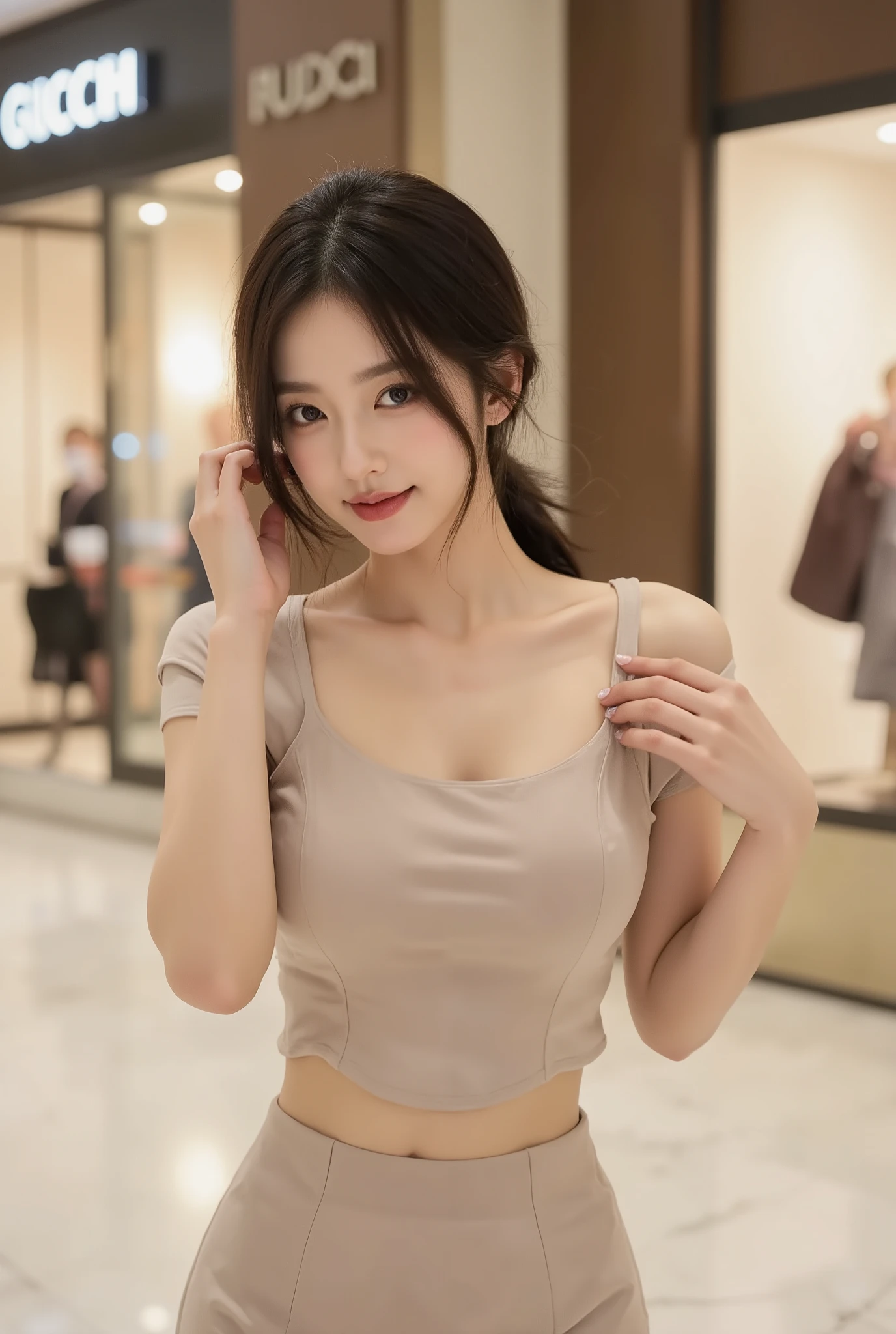 Ultra realistic 8K portrait of a beautiful young Korean Chinese woman in her 20s with (large natural breasts:1.5). She wears a fitted beige two-piece set, featuring an off-the-shoulder crop top modified with short sleeves and a matching, figure-hugging long skirt.
She poses in a flirty manner, POV shot, looking down at camera, adjusting the strap of her top, fixing hair behind ear, shy smile, blushing, slight tilt of head, direct eye contact, intimate expression, vulnerability. Her hair is styled in a messy side braid with loose strands framing her face with a subtle wave.
Inside brightly lit luxury shopping mall, polished marble floors, high-end designer store facades (Louis Vuitton, Gucci) blurred in background. Cinematic lighting, strong depth of field, masterpiece quality, half body shot.