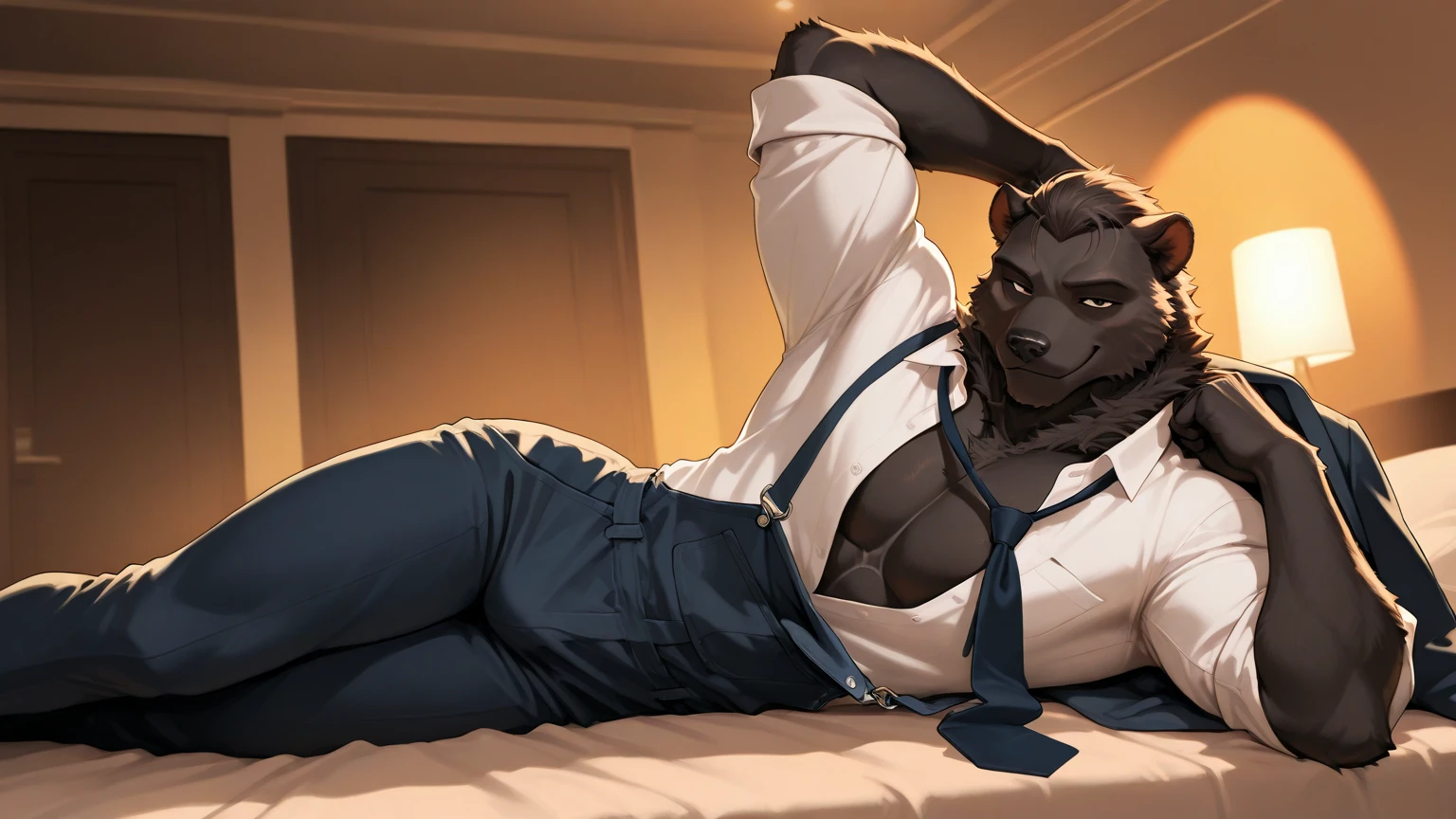 detailed face, detailed eyes, adult male, panther caroso, solo, , , dat , big , looking at viewer, looking back at viewer, black body, black fur, body completely in black, black eyes, yellow sclera, smirk, grin, , look, pose, pose, , , with the viewer, flirtatious, surrounded by roses, in bed,