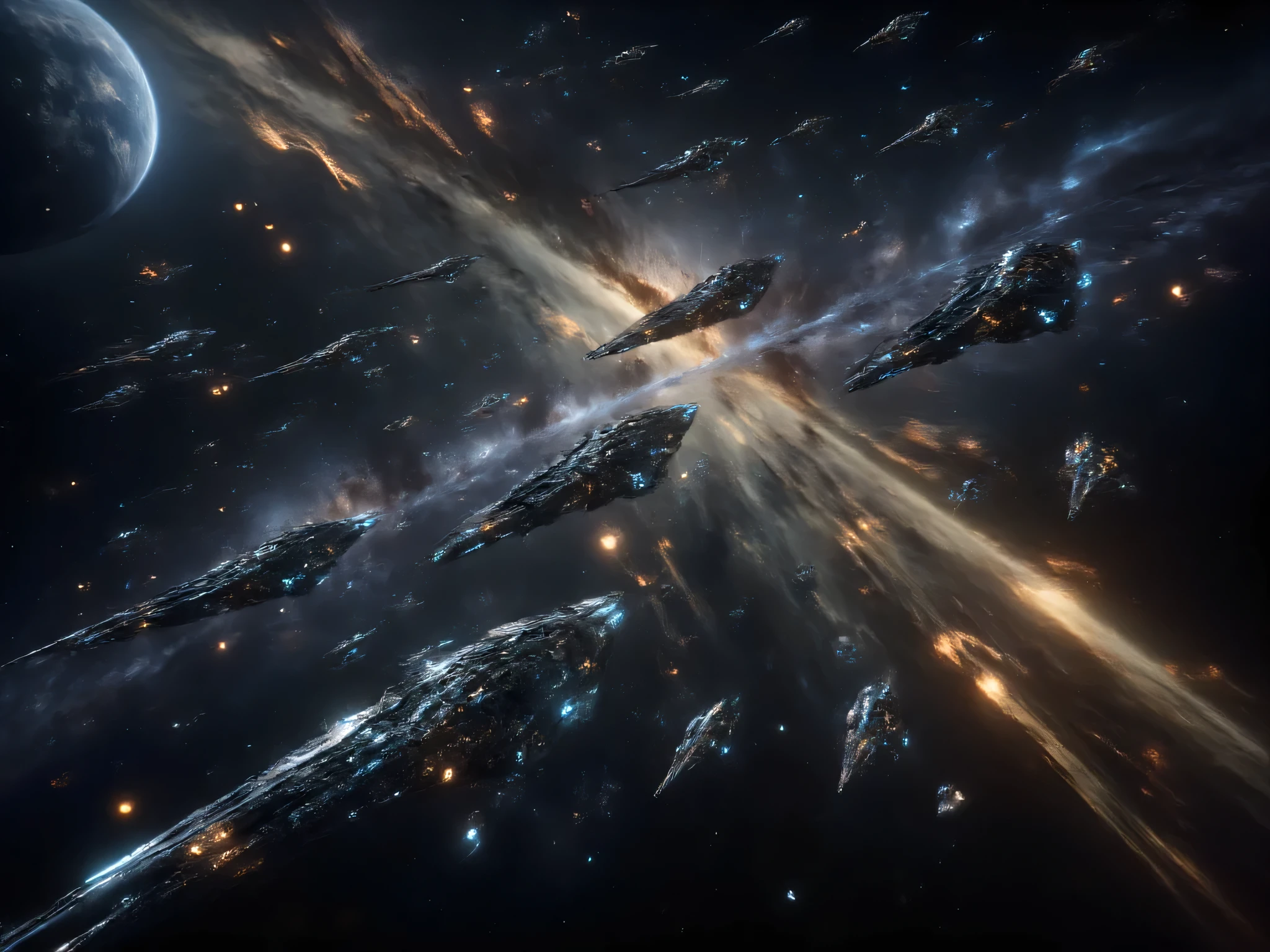 A dramatic, digitally painted depiction of a cosmic battle. The scene is dominated by a dark, swirling sky with a large, partially visible planet in the upper left. Streaks of fiery orange and yellow, possibly representing energy blasts or meteor showers, cascade diagonally across the image from upper right to lower left. Several futuristic, elongated spacecraft are visible, with varying sizes and orientations, suggesting a chaotic battle scene. The composition is dynamic, with the spacecraft and fiery elements drawing the eye across the frame. The perspective is from a slightly low angle, enhancing the scale and intensity of the scene. The color palette is dominated by dark blues, oranges, and yellows, creating a sense of action, destruction, and a hint of a distant, foreboding beauty. Clouds of dust or debris populate the lower regions adding depth. Overall, the image conveys a sense of epic conflict in deep space.