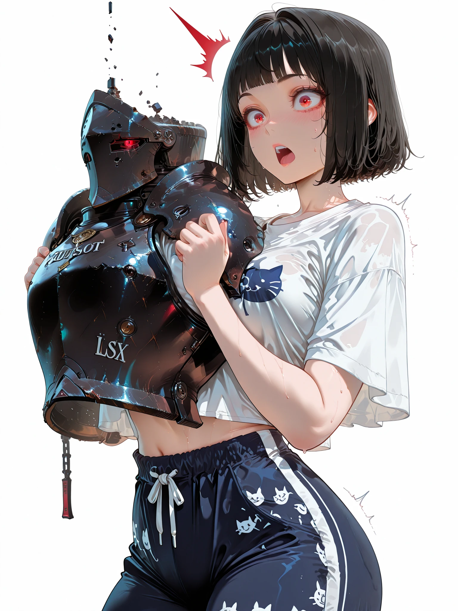 masterpiece,top quality, highres, HDR, high detailed, high definition image, lots of details,best quality,amazing quality,Ultra detailed, Highest quality,Best quality, Top Quality, Amazing Quality, 8K,Very Aesthetic,highly detailed, absurdres, High Resolution, Very Detailed,super detailed,Outrageous,Latest,IllusP0s,detailxl,BREAK , 1girl, Surprising expression, black hair, short bangs, short hair, red eyes,
white loose cropped t-shirt with a cartoon navy cat print,
navy glossy pajama sweatpants with repeating white cat-face patterns and vertical lettering,
white drawstring, cute homewear outfit,
Holding a armor, surprised expression,
white background, simple background