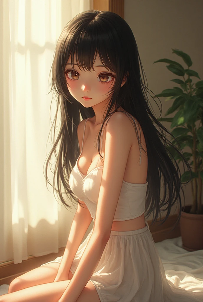 Highest quality、Realistic、girl、12 years old、zoom、Orange eyes、Black Hair、White dress、slender、Small breasts、Inappropriate smile、Bedroom、Bust Shot、