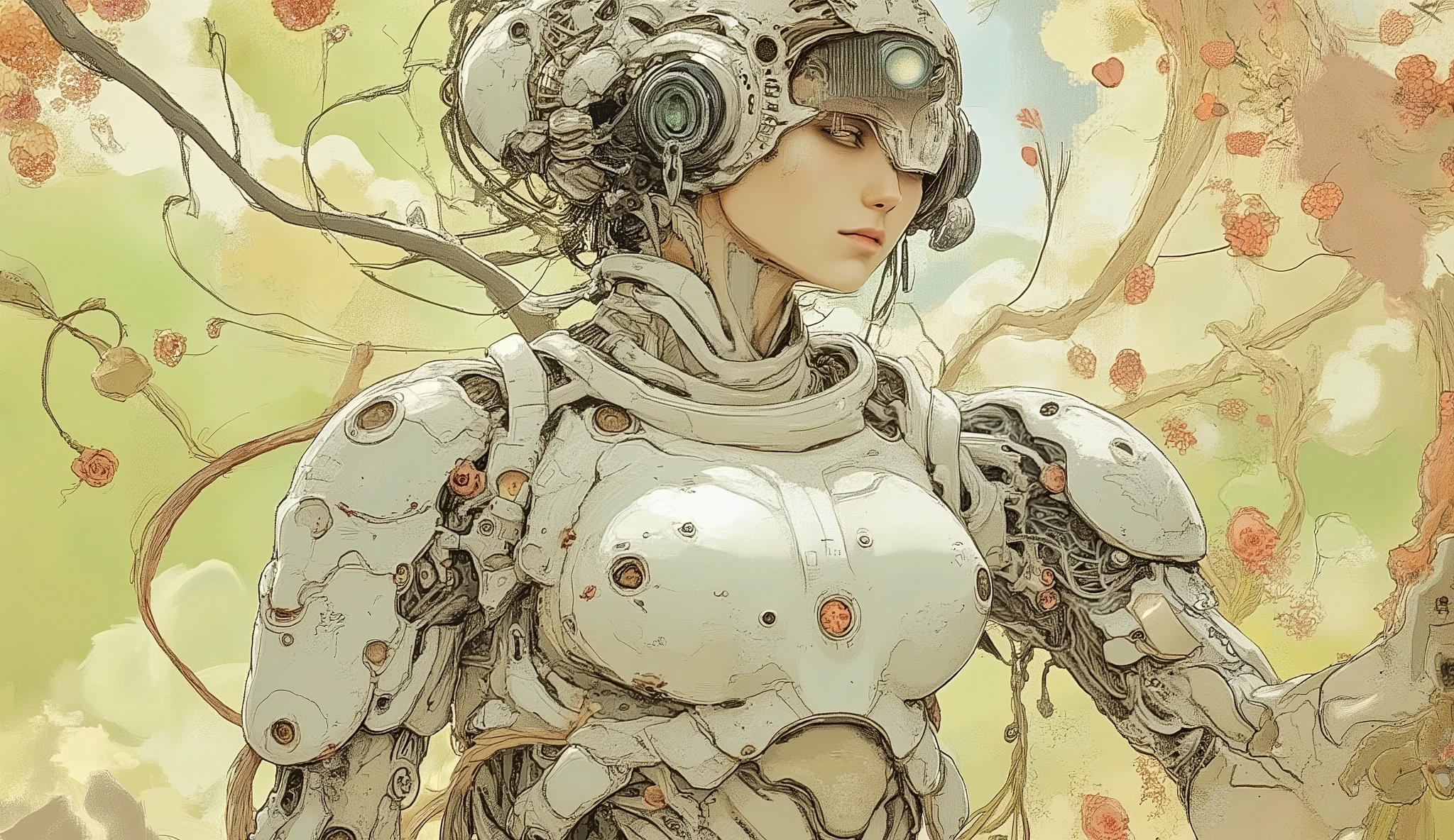 S1n0z1ck style, Vadim Kashin style 1, very aesthetic, 
BREAK 
Chic minimalist style female cowboy shot, elegant dynamic pose. A chic and minimalist powered exoskeleton outfit. Though it appears simple, the surface is decorated with elegant and refined intricate carvings. A soft, white glow, it's the attire of a fighting lady. Every time she moves, a soft, understated halo and reflections of light scatter all around, captivating everyone. Her sexy sidelong glance and mouth that looks as if she is about to whisper something are striking. 
BREAK 
The background is in the style of William Morris, and the new piece is based on the strawberry thief motif.
BREAK 
Despite its thin outline, the color contrast gives it a natural presence without being too assertive, creating a sophisticated and elegant impression.
BREAK 
The background color scheme is yellow-green, pale pink, and purple, and the leaves, vines, and flowers form graceful curves and spirals, creating an image of elegance. 