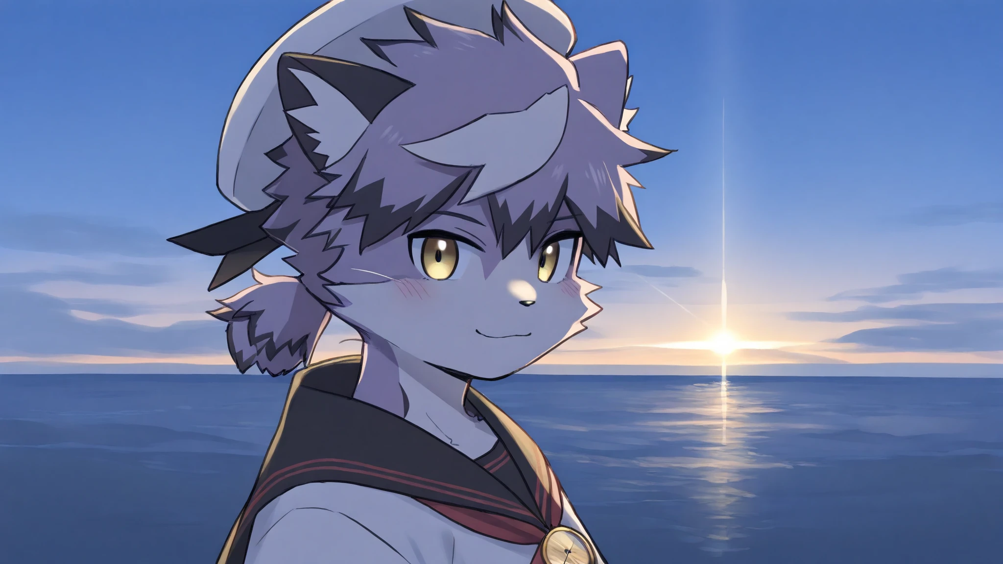 bustup、がおー、(masterpiece, best quality, very aesthetic, newest, 2024:1.2,cinematic lighting), from side,face portrait,
j0ez3n,furry, furry male, male focus, 1boy, solo, cat boy, yellow eyes, sailor hat, sailor uniform, red neckerchief, compass necklace, close up, side angle, looking at viewer, smile, simple background,ocean,sky,