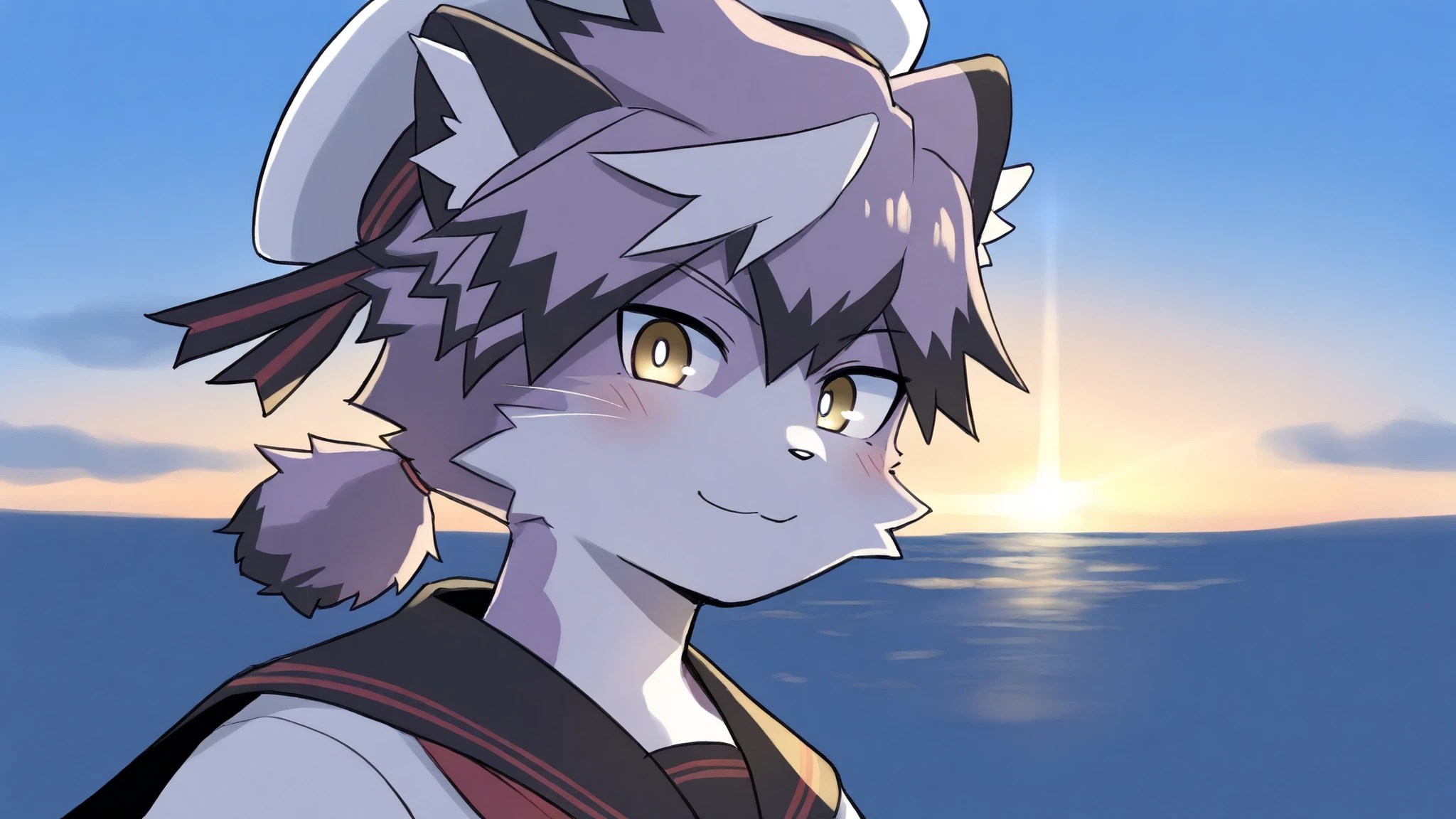 bustup、がおー、(masterpiece, best quality, very aesthetic, newest, 2024:1.2,cinematic lighting), from side,face portrait,
j0ez3n,furry, furry male, male focus, 1boy, solo, cat boy, yellow eyes, sailor hat, sailor uniform, red neckerchief, compass necklace, close up, side angle, looking at viewer, smile, simple background,ocean,sky,
