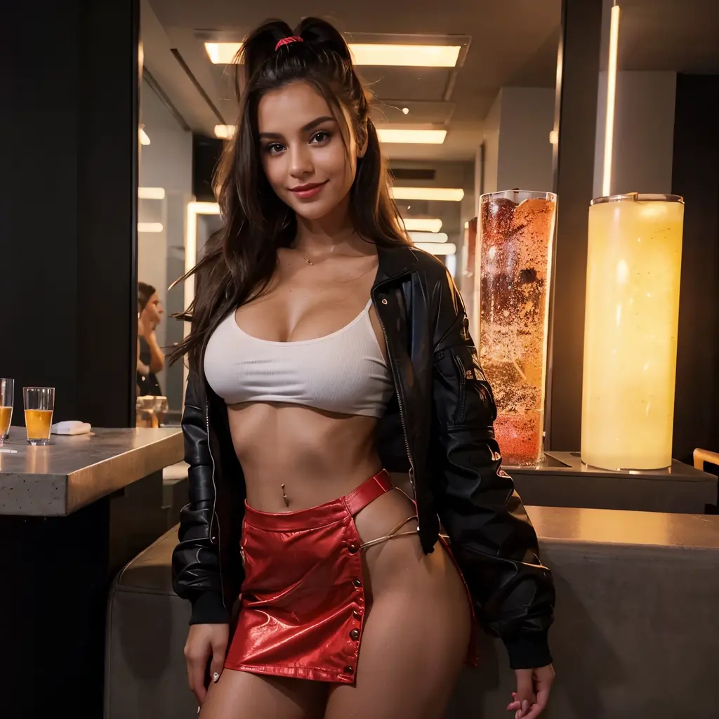 Create a stunning tanned, caucasian girl, 25 year old Instagram influencer with long straight dark brunette hair, and with a curvacious body with a small waist and thick thighs. Capture the girl candidly smiling, enjoying a night in a nightclub. Have her posed casually, enjoying the atmosphere. Have the environment set at night time, with bright club lighting consisting of spotlights and neon hues. Ensure she is wearing a high waisted black skirt, crop top and an oversized bomber jacket. Ensure she looks like shes on fun night out! Ensure she is wearing red lipstick and her hair is tied in a slick ponytail.