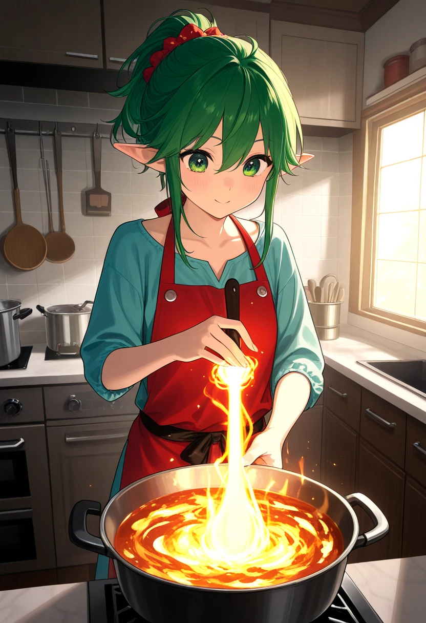 Making curry at a curry restaurant　A brown-skinned elf with long silver hair　