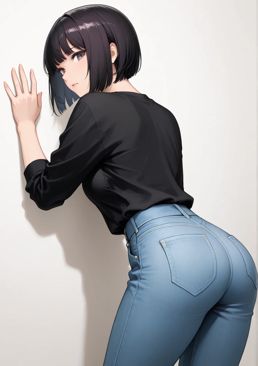 ((1 girl)), (girl in skinny tight light blue jeans), (long jeans), , standing, , (((stick out ))), hands on wall, slim, slender, 17 years old, short bob cut, black hair, nose blush, wet eyes, round mouth, open mouth, drool, hard sweat, big , (2D), , hard , detailed face, , wet 
