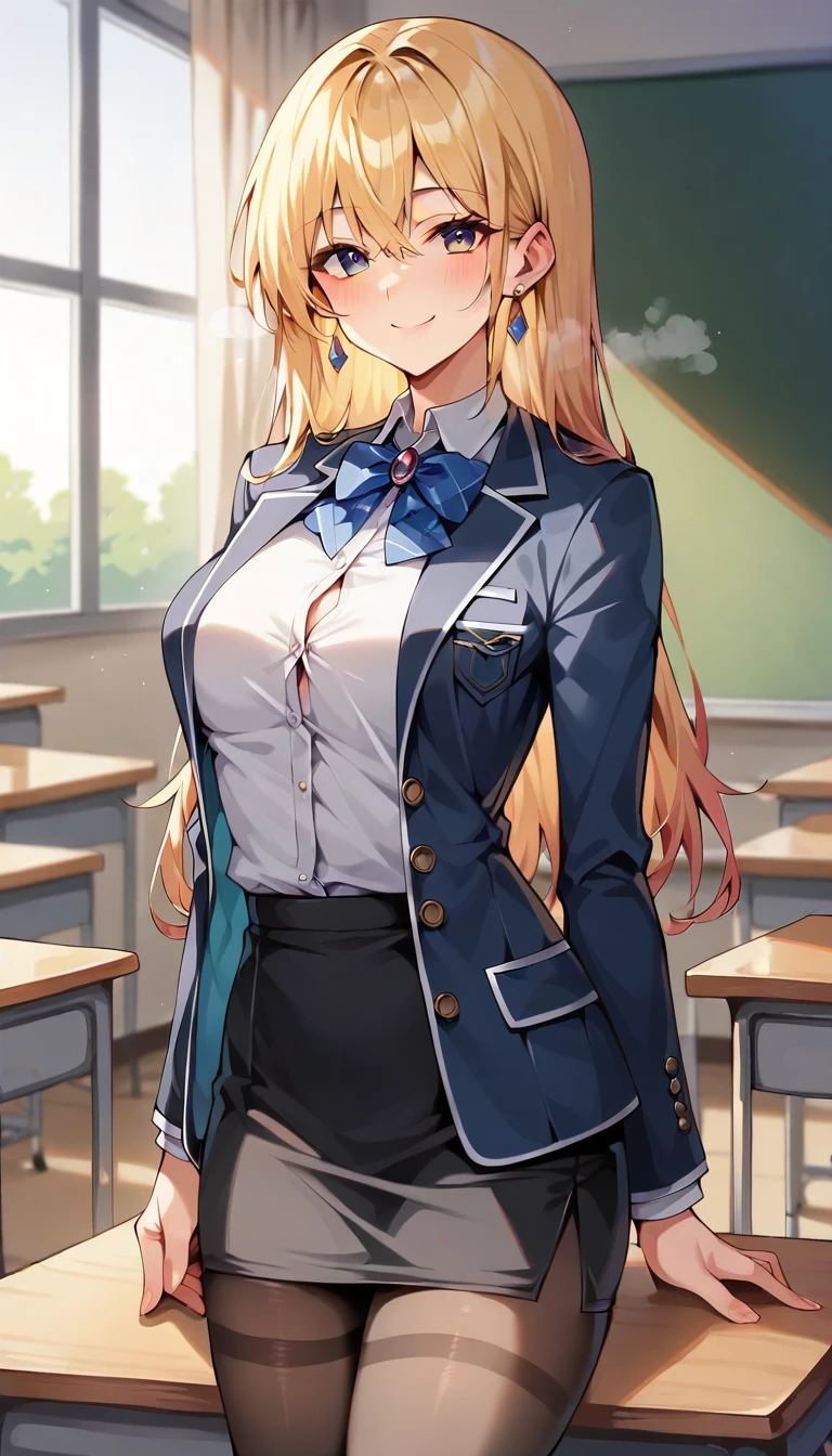 1girl, blonde hair, huge breasts, office, (office skirt, shirt, evil smile, (hourglass figure), black tights 