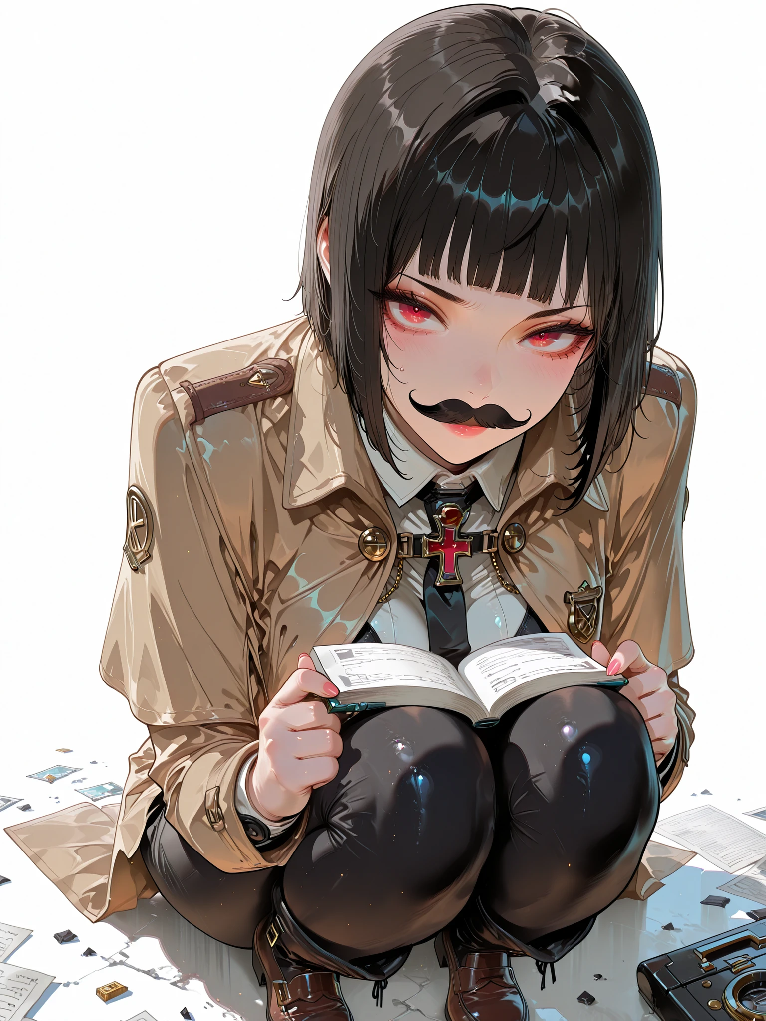 masterpiece,top quality, highres, HDR, high detailed, high definition image, lots of details,best quality,amazing quality,Ultra detailed, Highest quality,Best quality, Top Quality, Amazing Quality, 8K,Very Aesthetic,highly detailed, absurdres, High Resolution, Very Detailed,super detailed,Outrageous,Latest,IllusP0s,detailxl,BREAK , 1girl, Surprising expression, black hair, short bangs, short hair, red eyes,
detective clothes,fake mustache, playful expression,
white background, simple background, full body,Commentary script Holding,