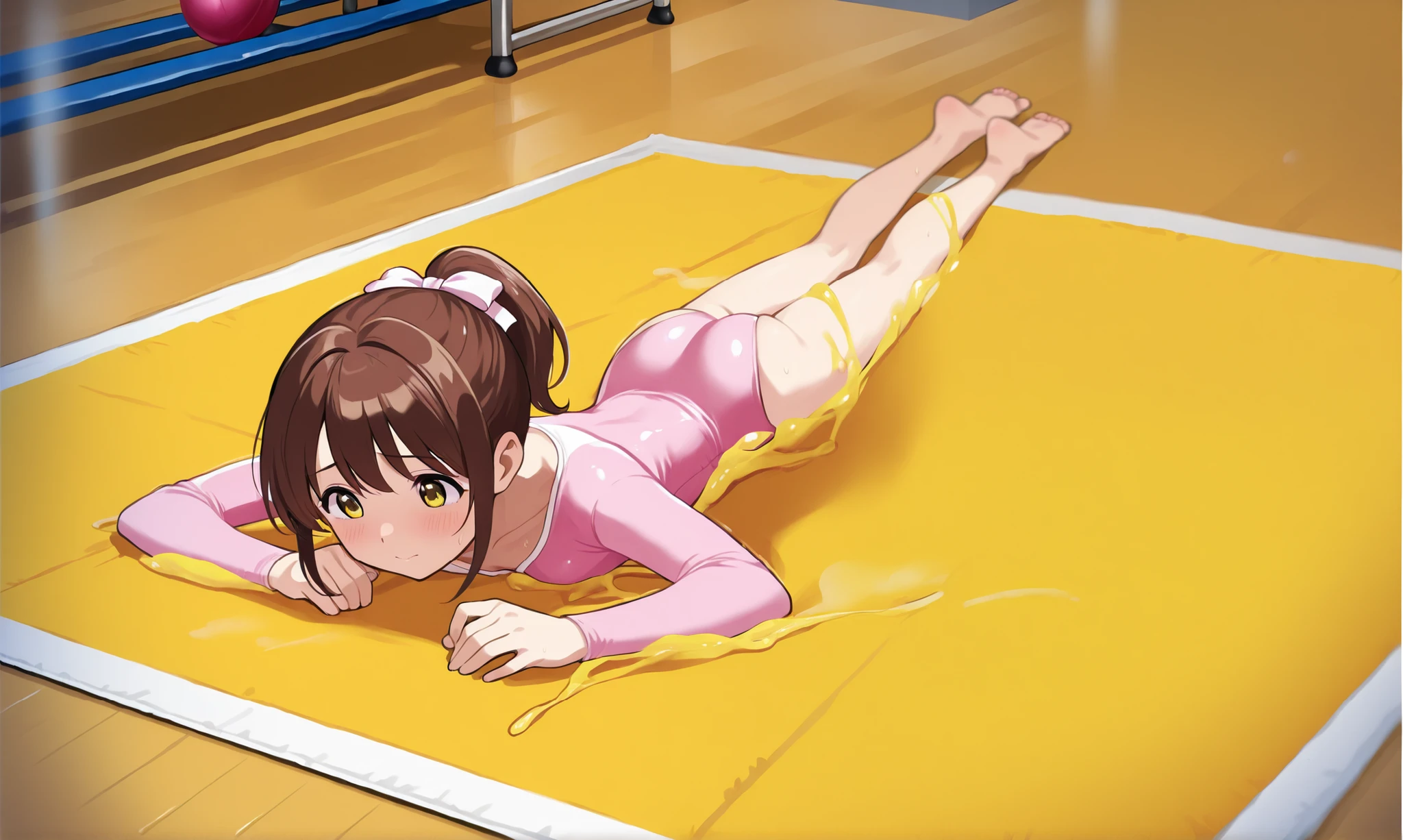 one girl cute it's embarrassing pink leotard with a simple look long sleeve leotard Rhythmic gymnastics short ponytail brown hair in practice Barefoot gymnasium Yellow Sticky Matte 胸にyellow glueがくっ付いた yellow glue slime(substance), prone, on stomach,