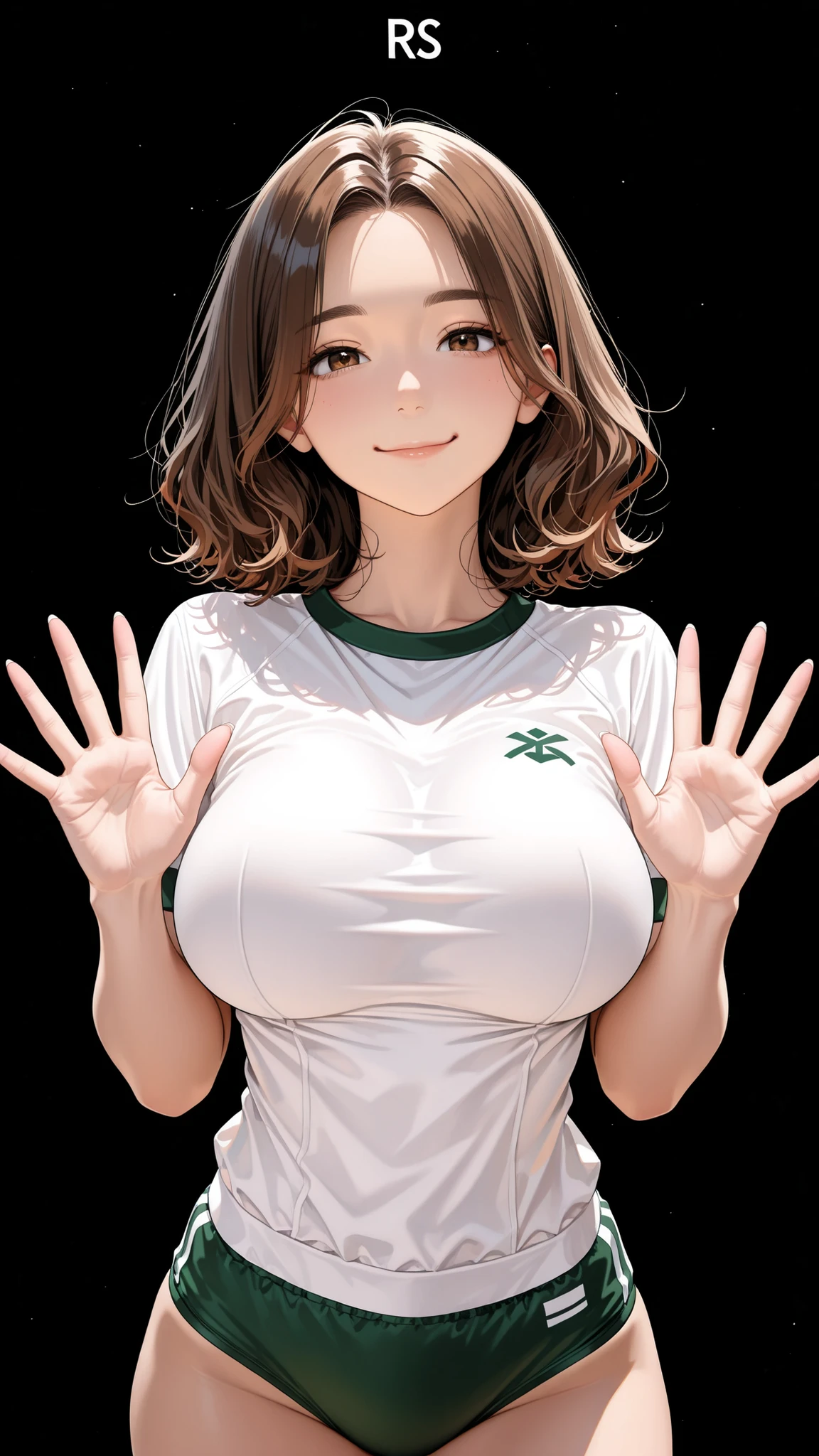 Proper Configuration, beautiful illustrations, staring intently at the viewer, Front Map, 5 anatomically correct fingers, (masterpiece, details:1.2), maori ricks, 1. girl, big , close-up, 表情のclose-up, brown hair, Please enter the green Bluma, medium hair, to my wavy hair, Close Mouth, smile, Gym Clothes, brown eyes, short head :1.6, Super High Quality, 8k, A BEAUTIFUL JAPANESE WOMAN , detailseyes, careful brown iris, 鮮明なbrown eyes 高解像度, standing, anatomically correct ratio to surround the moon with your hands :1.331, Tiny Head :1.331, details skin, details face, Black Background,