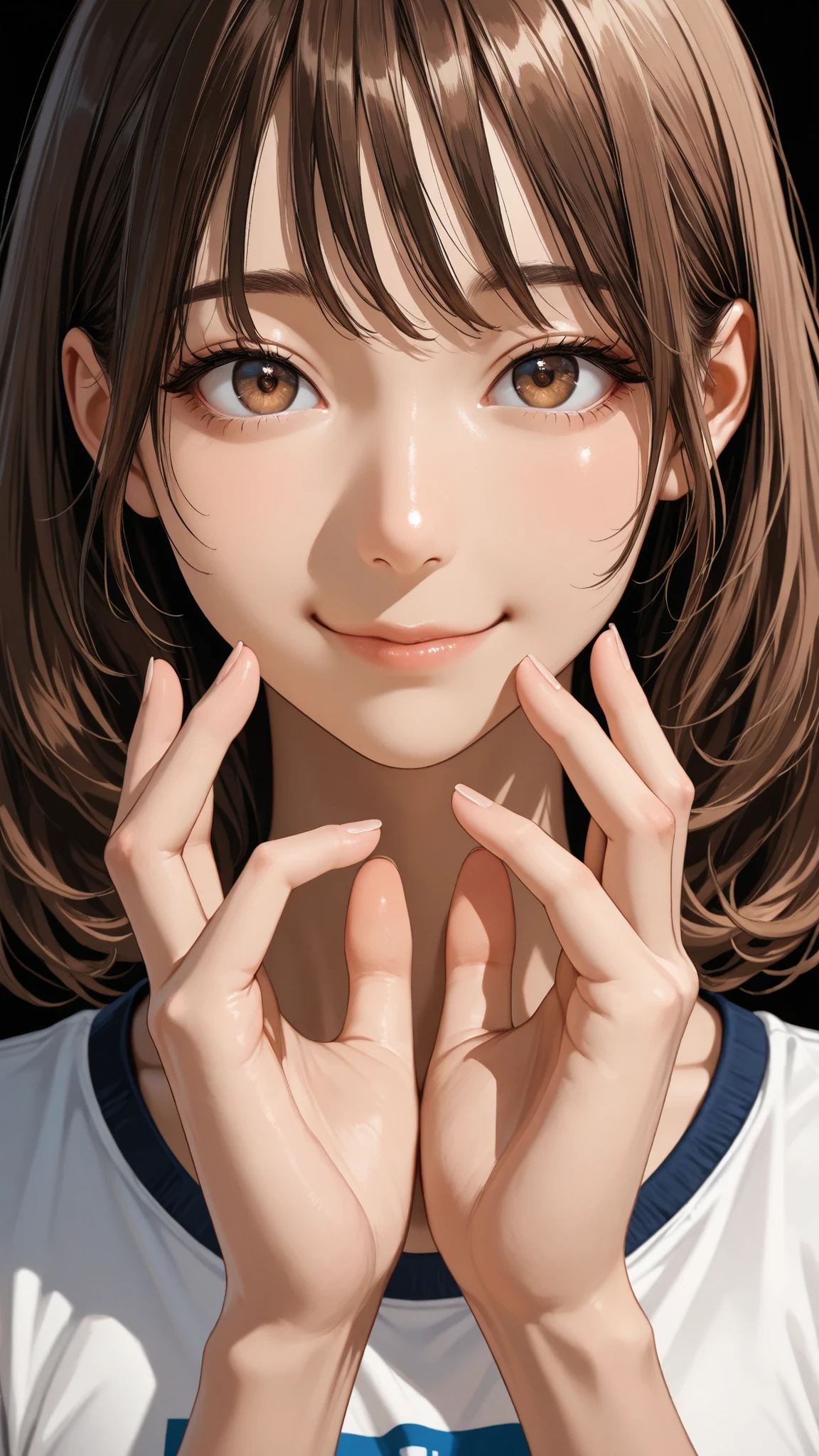 Proper Configuration, beautiful illustrations, staring intently at the viewer, Front Map, 5 anatomically correct fingers, (masterpiece, details:1.2), maori ricks, 1. girl, small , close-up, 表情のclose-up, brown hair, Please enter the green Bluma, medium hair, applied to wavy hair, Close Mouth, smile, Gym Clothes, brown eyes, short head :1.6, Super High Quality, 8k, A BEAUTIFUL JAPANESE WOMAN , detailseyes, careful brown iris, 鮮明なbrown eyes 高解像度, standing, anatomically correct ratio to surround the moon with your hands :1.331, Tiny Head :1.331, details skin, details face, Black Background,