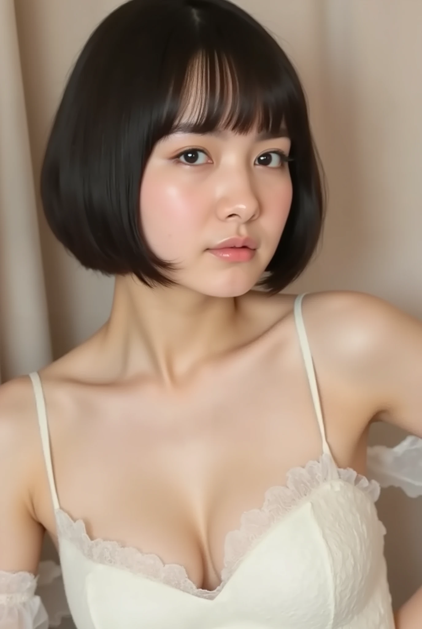 (( Premium Quality,  8k )), ((masterpiece)), ( details),    、dark hair,  Japanese girls,   first-person view   ,One Woman, a plump woman, petite woman ,   sexy,(  full nude, in the bedroom),(((    Super Giant Bust ,    full nude,  beautiful breasts,  short bob hair , dark hair))),  ((dark hair, full nude)) , (( No decoration,  no accessories,       without makeup  ))