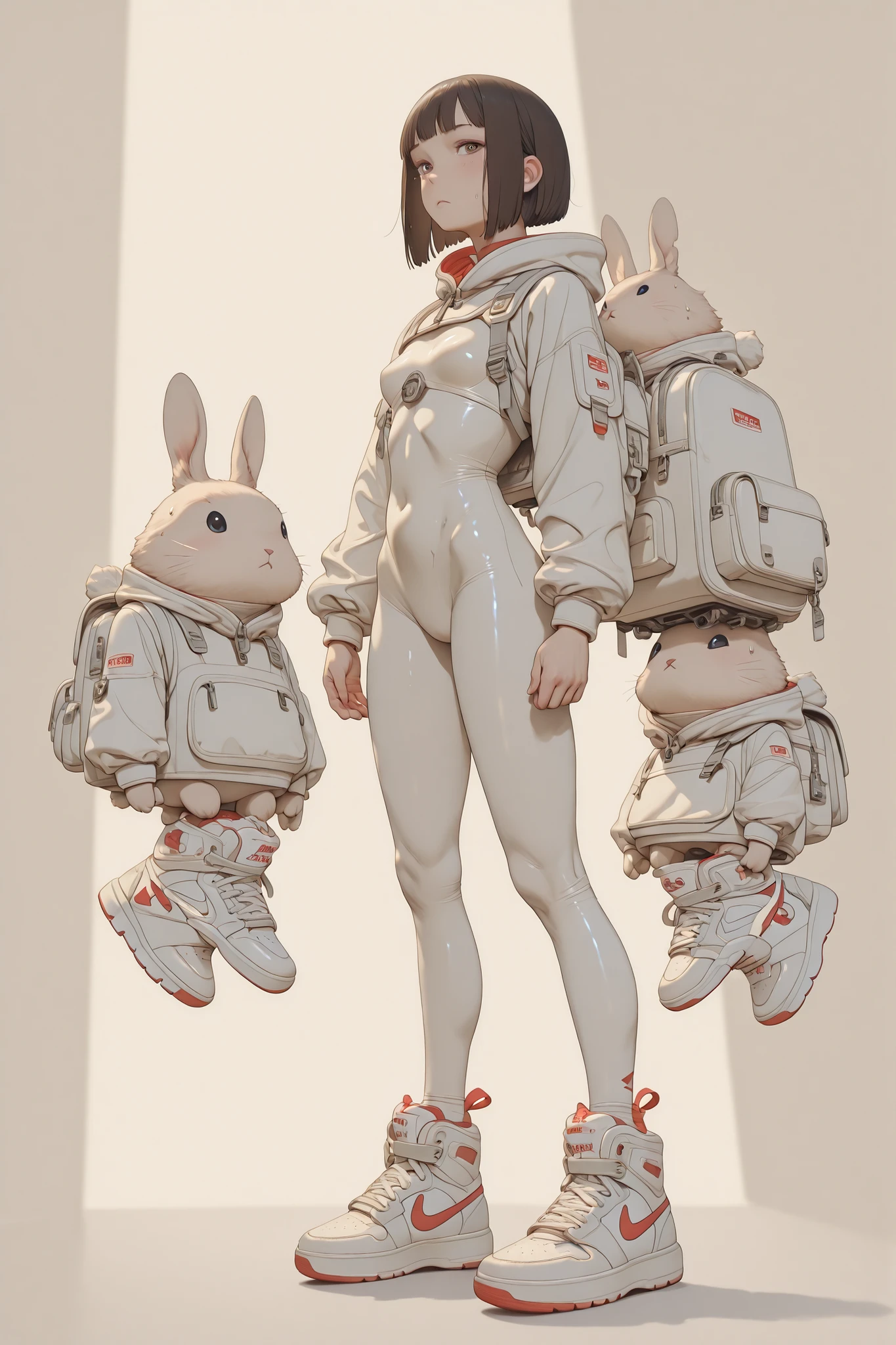 
high image quality、real photos、masterpiece、 sweaty shiny skin 、The mass-produced factory line、Girl standing in the center、petite and delicate physique、short short hair、Short Bob's Cute Face、bodysuit is painted ocher、carrying a large white backpack、White Air Jordan Sneakers、ergonomically balanced style、
