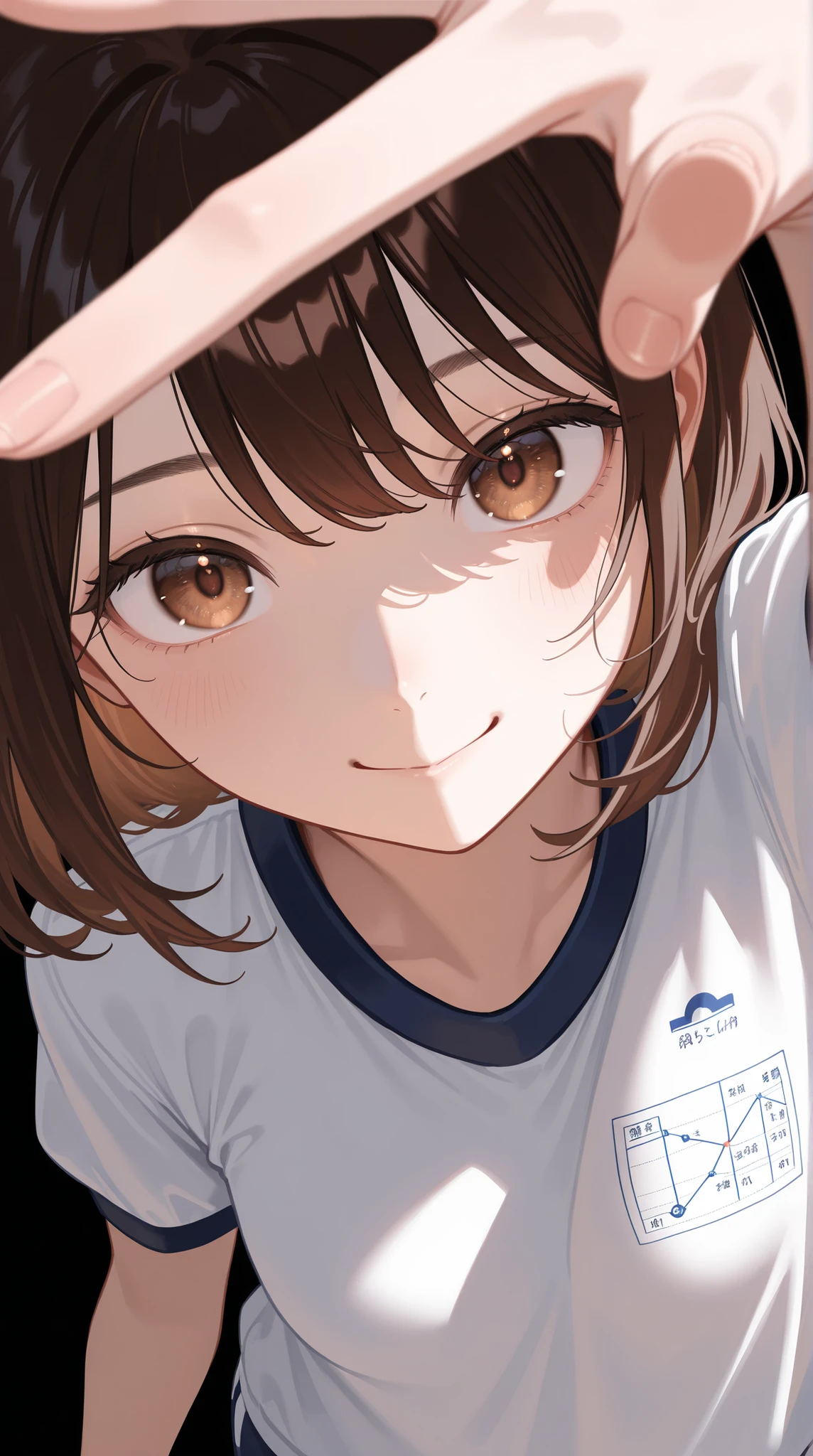 Proper Configuration, beautiful illustrations, staring intently at the viewer, Front Map, 5 anatomically correct fingers, (masterpiece, details:1.2), maori ricks, 1. girl, small , close-up, 表情のclose-up, brown hair, Please enter the green Bluma, medium hair, applied to wavy hair, Close Mouth, smile, Gym Clothes, brown eyes, short head :1.6, Super High Quality, 8k, A BEAUTIFUL JAPANESE WOMAN , detailseyes, careful brown iris, 鮮明なbrown eyes 高解像度, standing, anatomically correct ratio to surround the moon with your hands :1.331, Tiny Head :1.331, details skin, details face, Black Background,