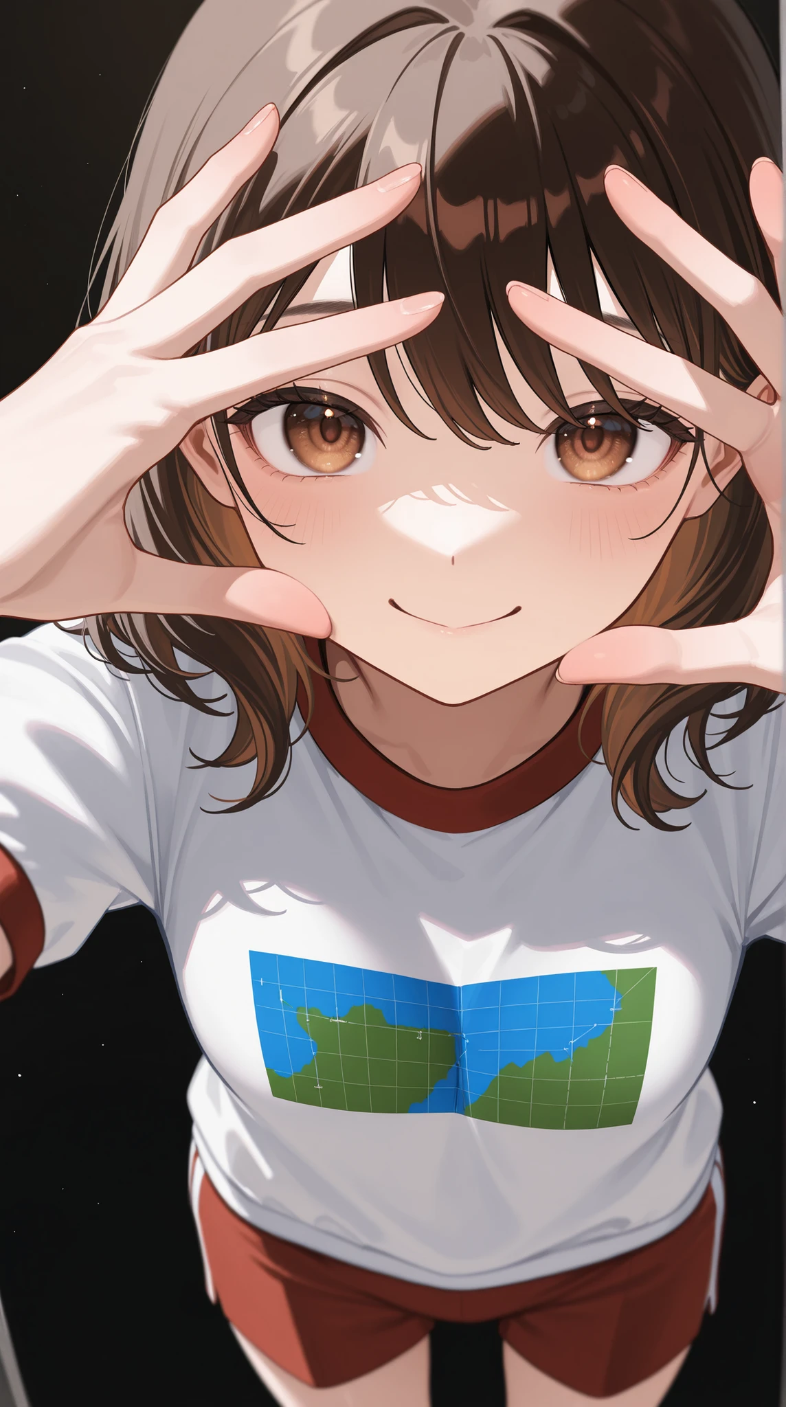 Proper Configuration, beautiful illustrations, staring intently at the viewer, Front Map, 5 anatomically correct fingers, (masterpiece, details:1.2), maori ricks, 1. girl, small , close-up, 表情のclose-up, brown hair, Please enter the green Bluma, medium hair, to my wavy hair, Close Mouth, smile, Gym Clothes, brown eyes, short head :1.6, Super High Quality, 8k, A BEAUTIFUL JAPANESE WOMAN , detailseyes, careful brown iris, 鮮明なbrown eyes 高解像度, standing, anatomically correct ratio to surround the moon with your hands :1.331, Tiny Head :1.331, details skin, details face, Black Background,