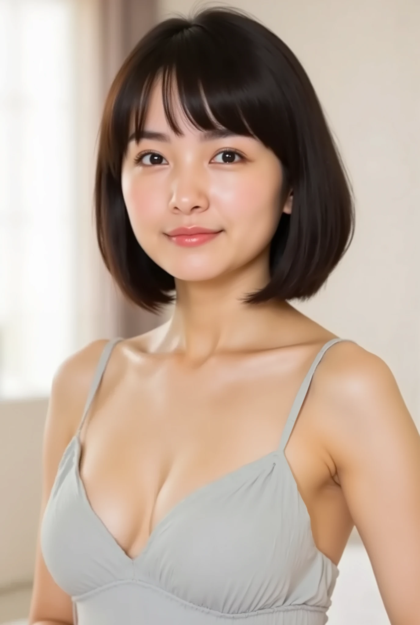 (( premium quality,  8k )), ((masterpiece)), ( details),    、dark hair,  Japanese girls,   first-person view   ,One Woman, a plump woman, petite woman ,   sexy,(  full nude, in the bedroom),(((    Super Giant Bust ,    full nude,  beautiful breasts,  short bob hair , dark hair))),  ((dark hair, full nude)) , (( No decoration,  no accessories,       without makeup  ))