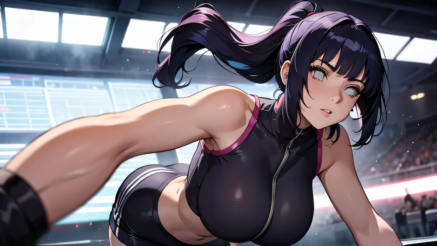 High detailed, 4k quality, stunning female, random hair color, random hairstyle, wearing tight training sporty outwear, ultra huge breast, long cleavage, curvy body, playful expression