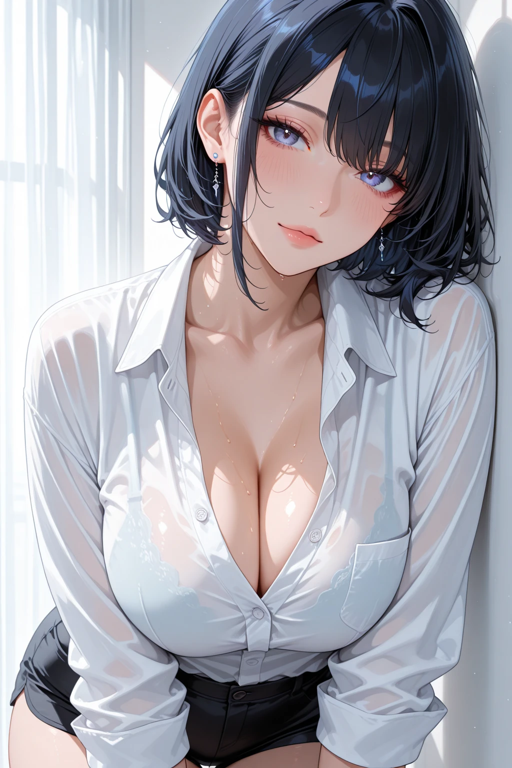 (masterpiece: 1.3), (Maximum resolution: 1.2), (Ultra High Definition TV: 1.2), Cinematic Light, 8K resolution, Detailed  features , (Sharp focus: 1.2）, (Focus on the face:1.2),Perfect Style, Beautiful Face, Acura, Anatomically correct, Highly detailed face and skin texture, Beautiful Eyes,Beautiful Eyes, Thin eyebrows, Glitter Eyeliner: 1 Natural Cheeks, Glowing Skin, Fair skin: 1.2, (Glossy Lips: 1.4),、 (Embarrassed look: 1.2),Highly detailed face and skin texture, Natural Cheeks, , Glossy Lips: 1.4,Perfect Style、Cleavage、Soft Breasts、（White mucus on chest:1.4）（White mucus on thighs:1.2）、 blush、A humiliating look、Anxious expression、A look of humiliation、Embarrassed look、Glare、anger、sorrow、tears、Open your knees、Spread your legs、 White 、Sparkly little earrings and necklace、Disheveled clothes、White 、sweating、Thin 、stockings、Year: 18-year-old, A clean-cut woman,1 person、 Upward-facing chest, Black brown hair、blonde、Silver Hair、Blue-gray eyes、Greenish-gray eyes、Bedroom、bed、(High School Uniform:1.2)、 behavior、、short hair、Wavy Hair、