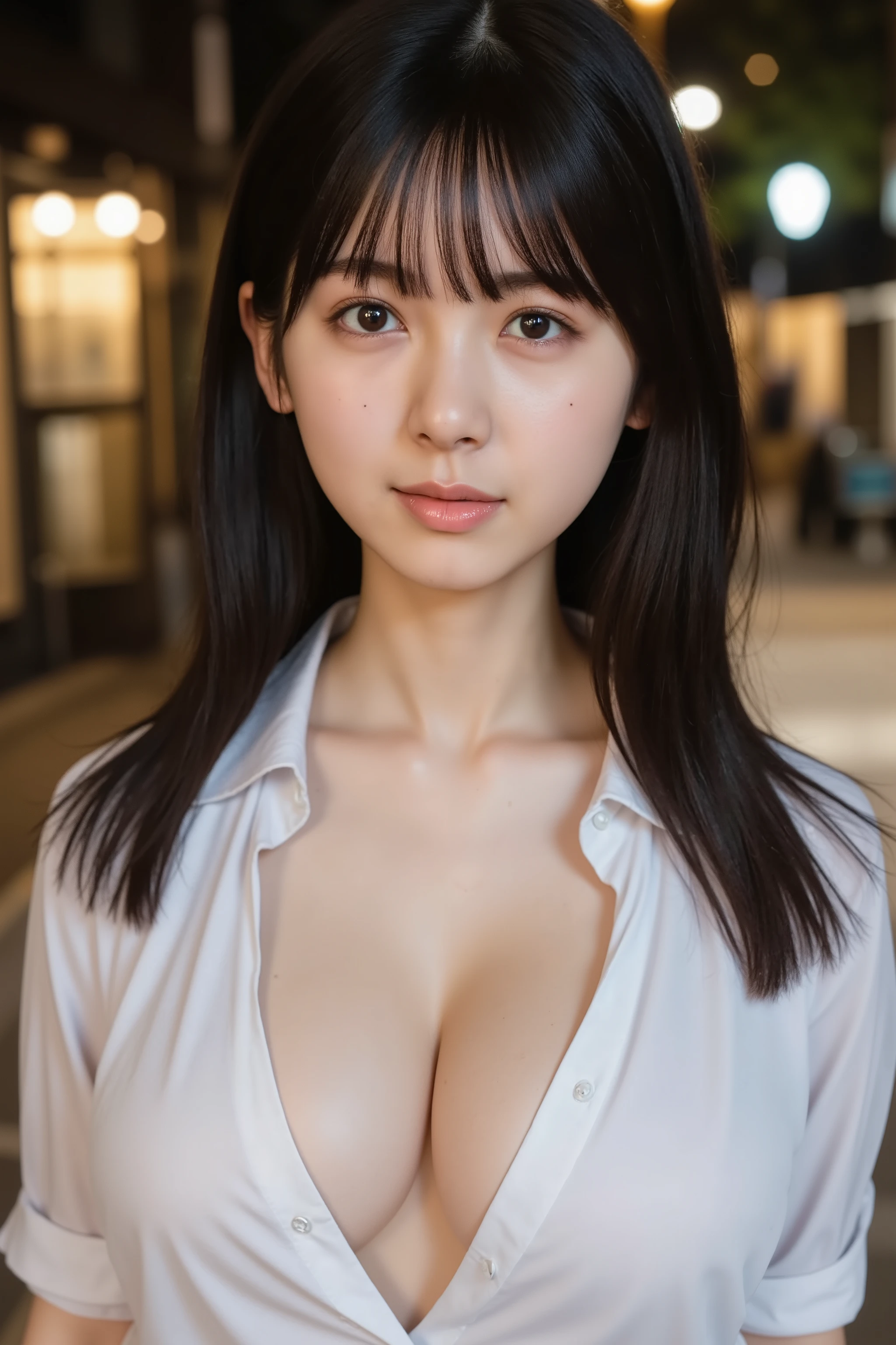 This photo captures a beautiful Japanese woman. open shirt. white shirt. big Cleavage.
The image is very high resolution, with clear skin texture.
The focus is very sharp and focused on her face.
This is an ultra-high resolution image.
Her facial expression is sexy.
She is facing forward.
She has shiny black hair.
Her skin is beautiful, fair, fine-grained, and even.
Her breasts are small and firm.
night, hotel, The city lights twinkle at night, Tokyo Tower