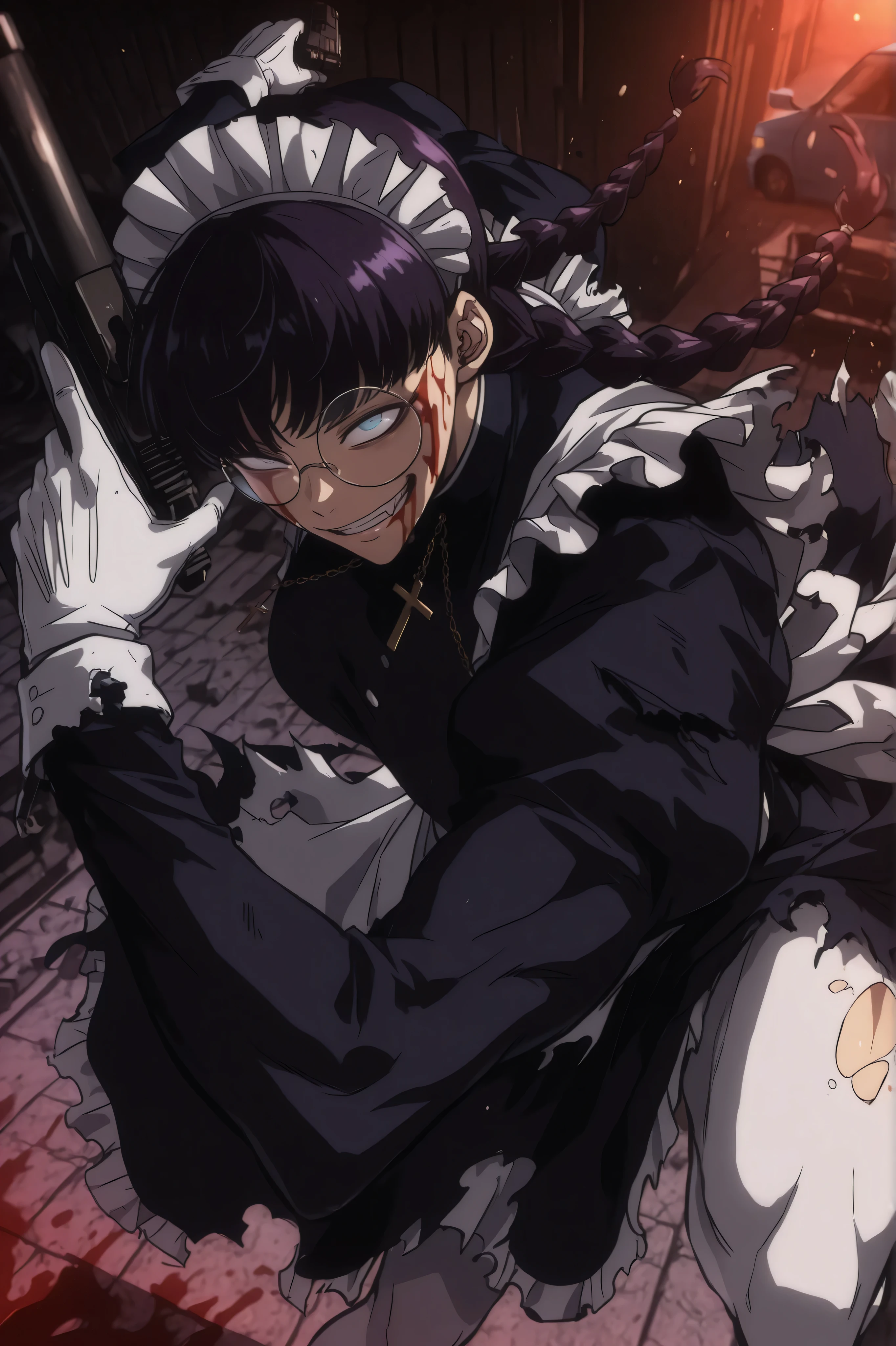 roberta, broken round glasses, blue eyes, wide eyes, maid, black hair, twin braids, dark purple hair, long sleeves, torn clothes, ripped up maid clothes, cross, white gloves, white tights, blood on her face, blood, On the roof of a wrecked car, Predatory smile, good Anatomy, solo leveling style, solo leveling artstyle, dark lighting, visible muscles through clothes, gun, Dynamic pose, perspective 