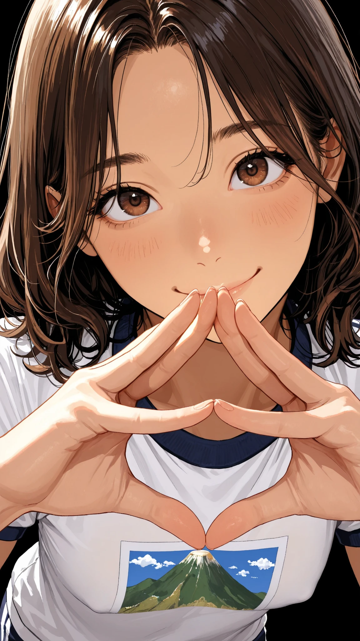 Proper Configuration, beautiful illustrations, staring intently at the viewer, Front Map, 5 anatomically correct fingers, (masterpiece, details:1.2), maori ricks, 1. girl, small boobs, close-up, 表情のclose-up, brown hair, Please enter the green Bluma, medium hair, applied to wavy hair, Close Mouth, smile, Gym Clothes, brown eyes, short head :1.6, Super High Quality, 8k, A BEAUTIFUL JAPANESE WOMAN , detailseyes, careful brown iris, 鮮明なbrown eyes 高解像度, standing, anatomically correct ratio to surround the moon with your hands :1.331, Tiny Head :1.331, details skin, details face, Black Background,