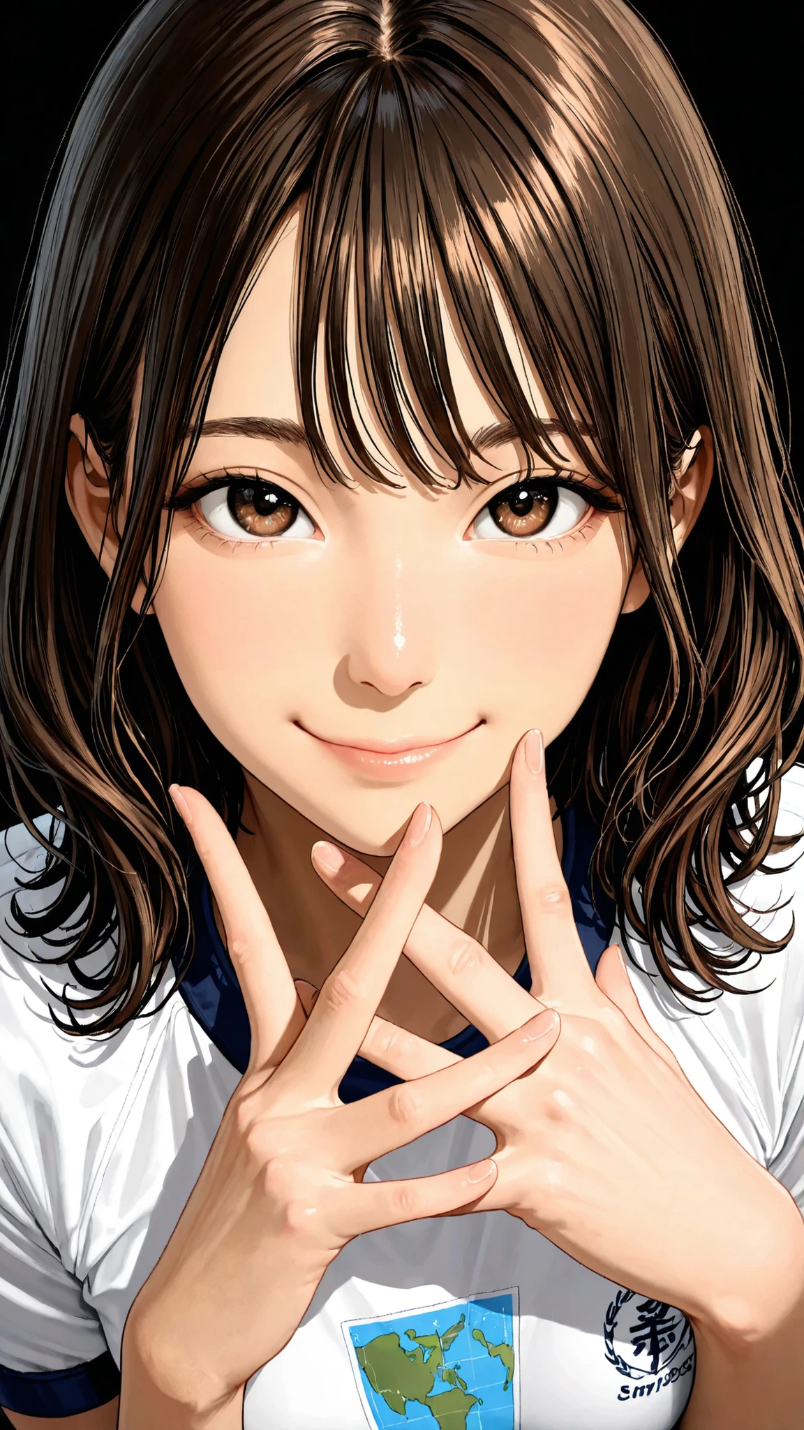Proper Configuration, beautiful illustrations, staring intently at the viewer, Front Map, 5 anatomically correct fingers, (masterpiece, details:1.2), maori ricks, 1. girl, small , close-up, 表情のclose-up, brown hair, Please enter the green Bluma, medium hair, applied to wavy hair, Close Mouth, smile, Gym Clothes, brown eyes, short head :1.6, Super High Quality, 8k, A BEAUTIFUL JAPANESE WOMAN , detailseyes, careful brown iris, 鮮明なbrown eyes 高解像度, standing, anatomically correct ratio to surround the moon with your hands :1.331, Tiny Head :1.331, details skin, details face, Black Background,