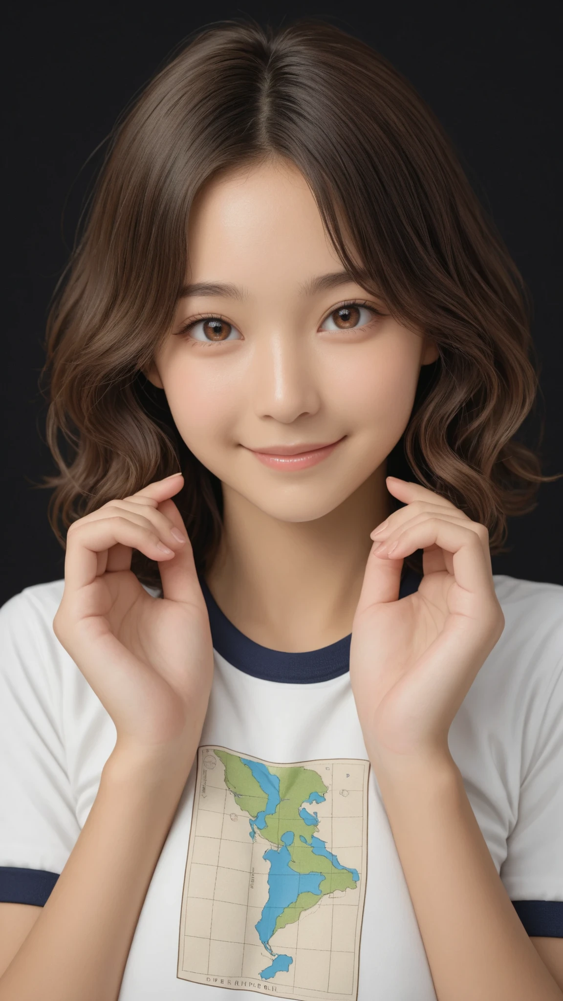 Proper Configuration, beautiful illustrations, staring intently at the viewer, Front Map, 5 anatomically correct fingers, (masterpiece, details:1.2), maori ricks, 1. girl, small , close-up, 表情のclose-up, brown hair, Please enter the green Bluma, medium hair, applied to wavy hair, Close Mouth, smile, Gym Clothes, brown eyes, short head :1.6, Super High Quality, 8k, A BEAUTIFUL JAPANESE WOMAN , detailseyes, careful brown iris, 鮮明なbrown eyes 高解像度, standing, anatomically correct ratio to surround the moon with your hands :1.331, Tiny Head :1.331, details skin, details face, Black Background,