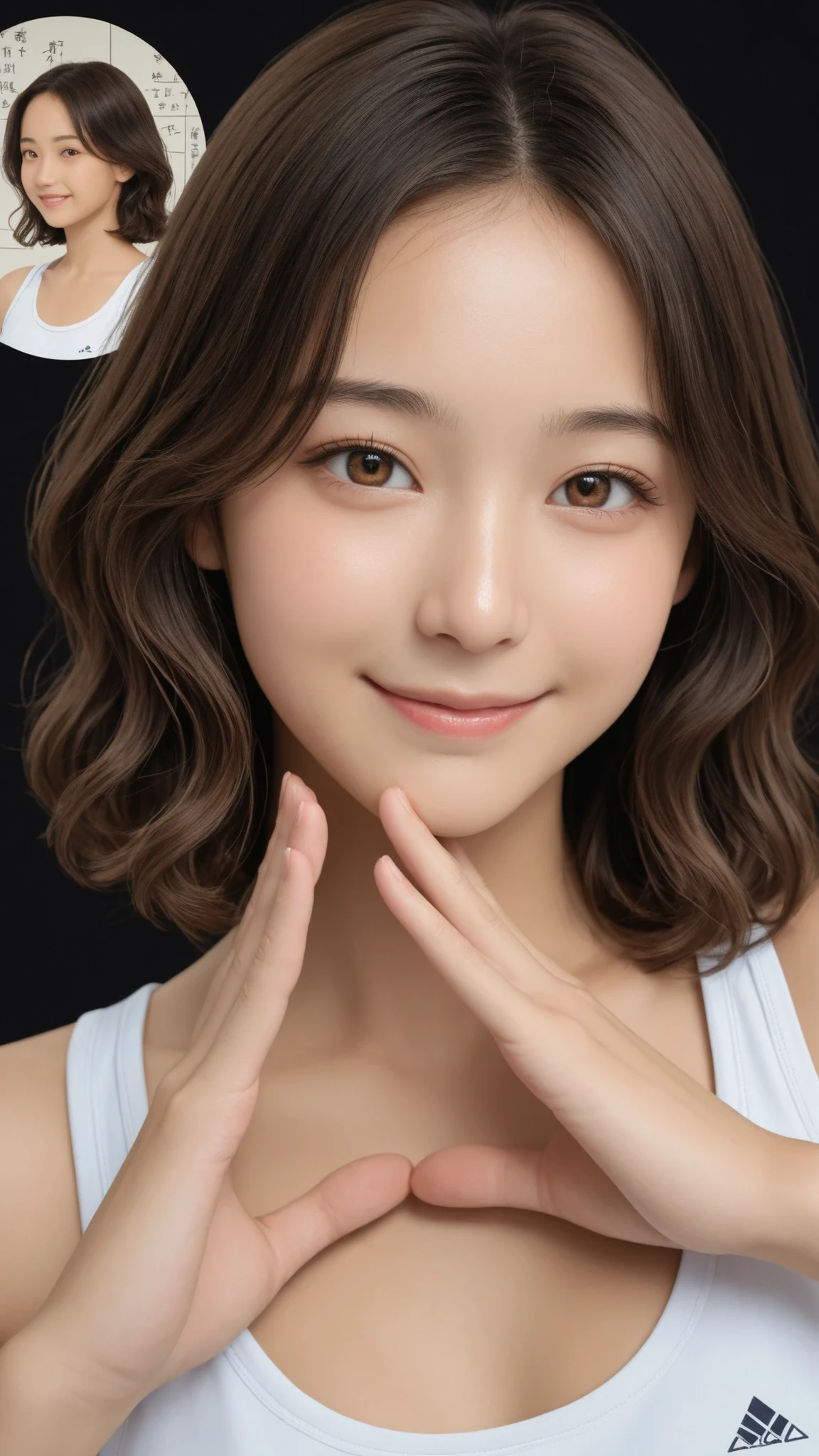 Proper Configuration, beautiful illustrations, staring intently at the viewer, Front Map, 5 anatomically correct fingers, (masterpiece, details:1.2), maori ricks, 1. girl, small , close-up, 表情のclose-up, brown hair, Please enter the green Bluma, medium hair, applied to wavy hair, Close Mouth, smile, Gym Clothes, brown eyes, short head :1.6, Super High Quality, 8k, A BEAUTIFUL JAPANESE WOMAN , detailseyes, careful brown iris, 鮮明なbrown eyes 高解像度, standing, anatomically correct ratio to surround the moon with your hands :1.331, Tiny Head :1.331, details skin, details face, Black Background,
