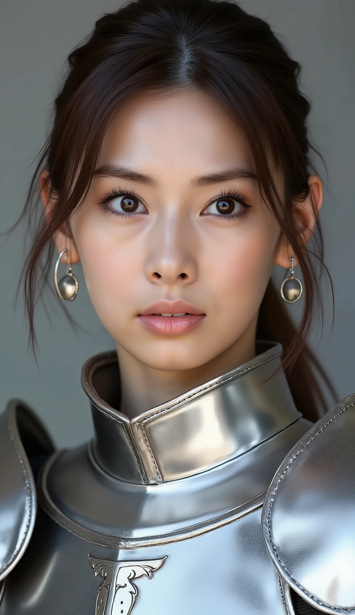 neat young woman wearing luxurious silver armor、、female knight、、、ear piercings、looking at camera、looking directly in front、前髪あり、怒り顔、、口を閉じている、、face close-up、grey background、

