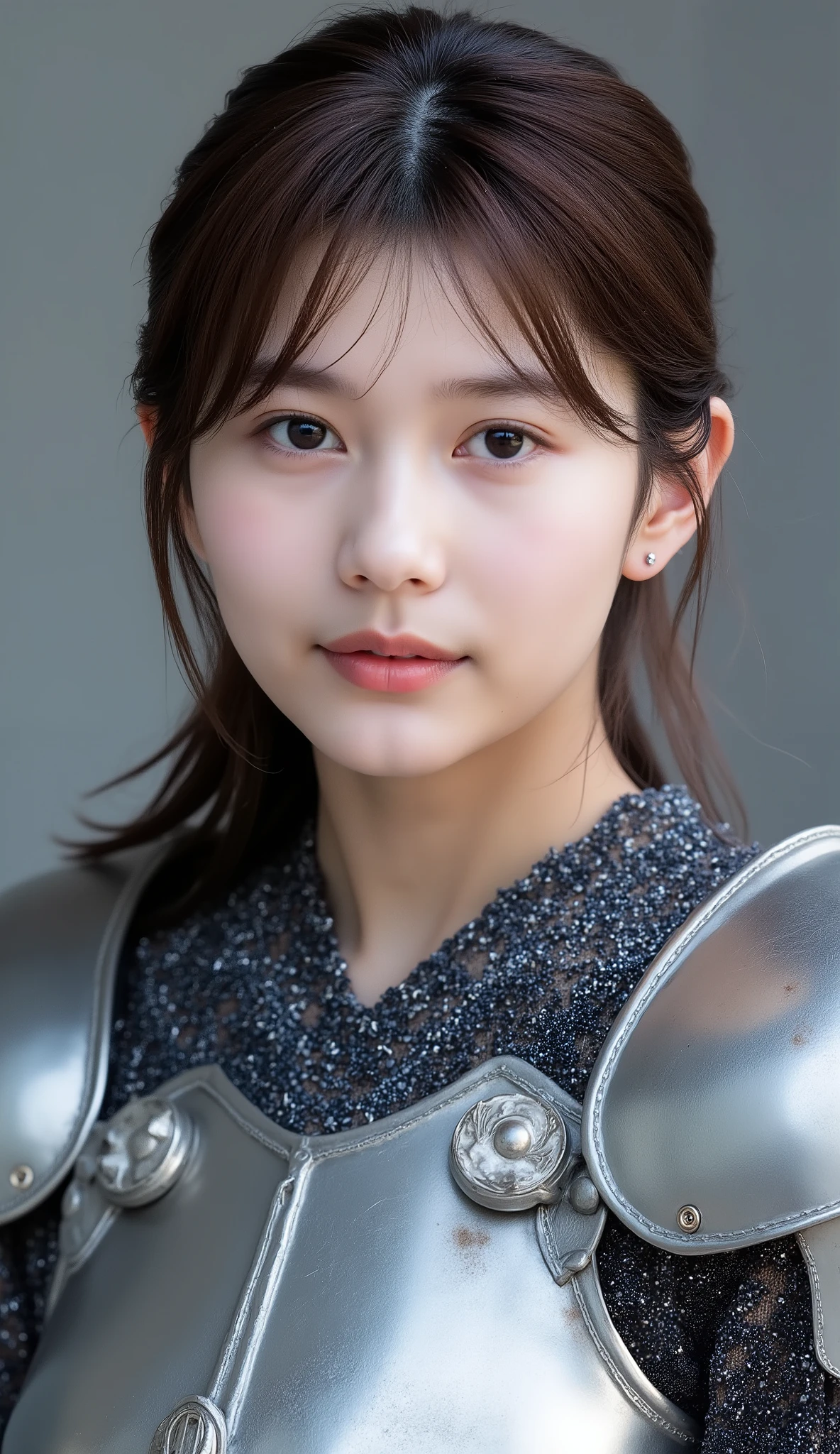 neat young woman wearing luxurious silver armor、、female knight、、漆黒の髪、、ear piercings、looking at camera、looking directly in front、、口を閉じている、への字口、、、face close-up、grey background、